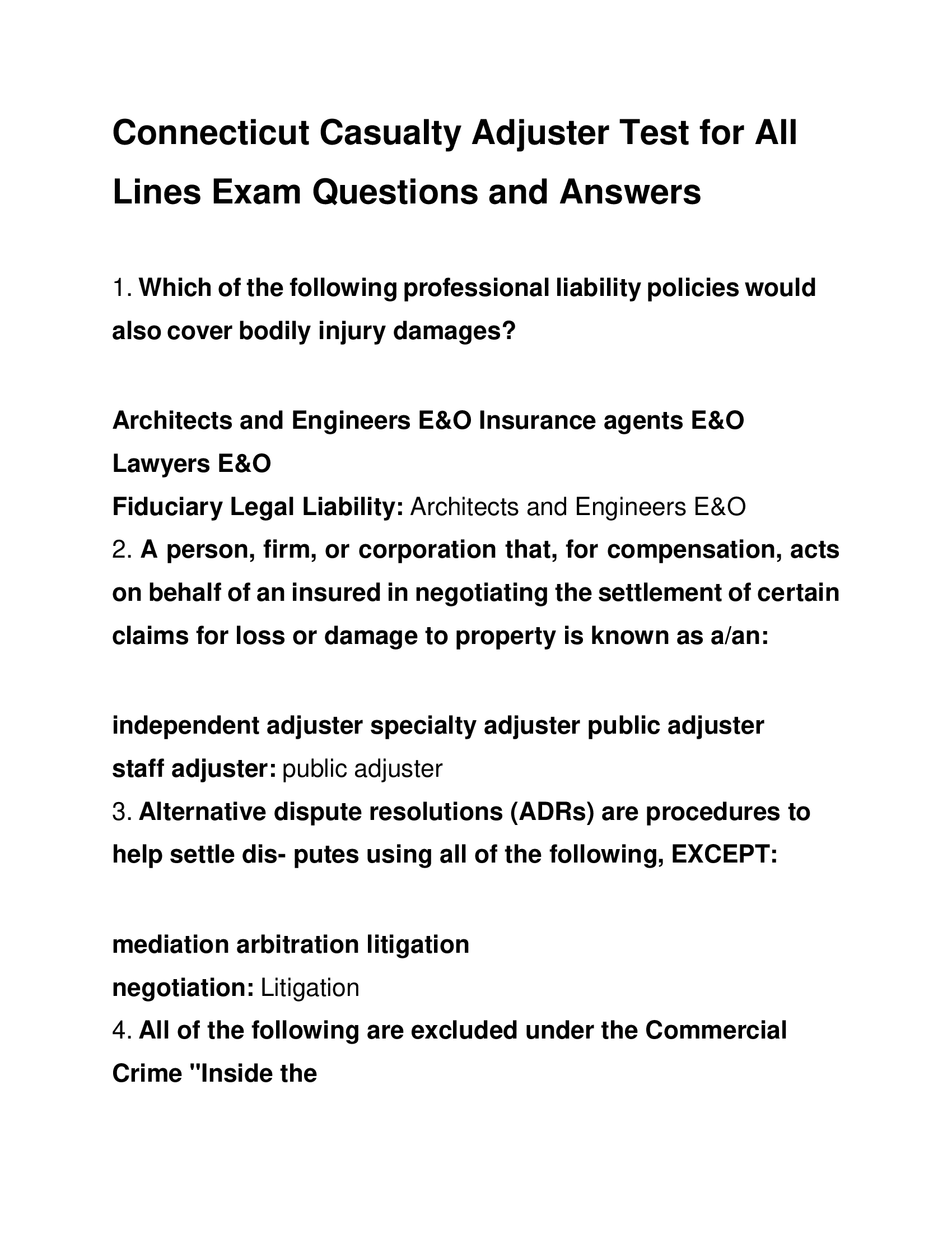 Connecticut Casualty Adjuster Test for All Lines Exam Questions and Answers 2024
