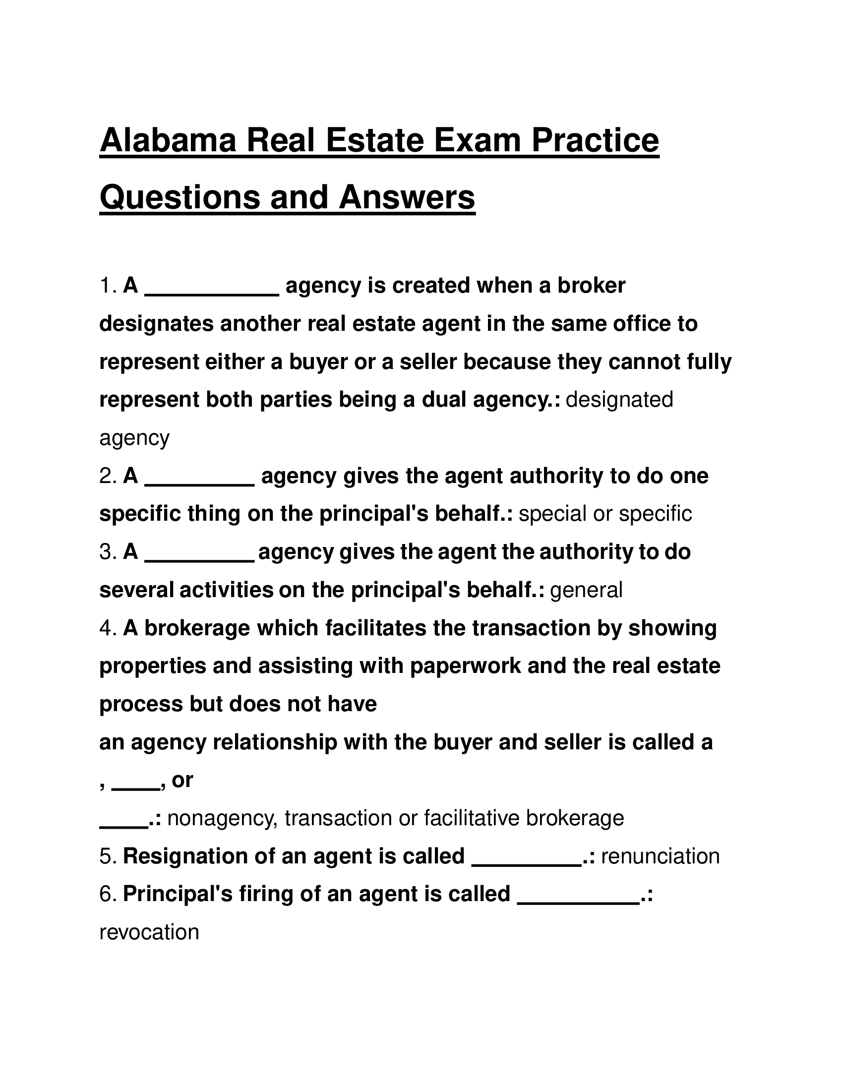 Alabama Real Estate Exam Practice Questions and Answers