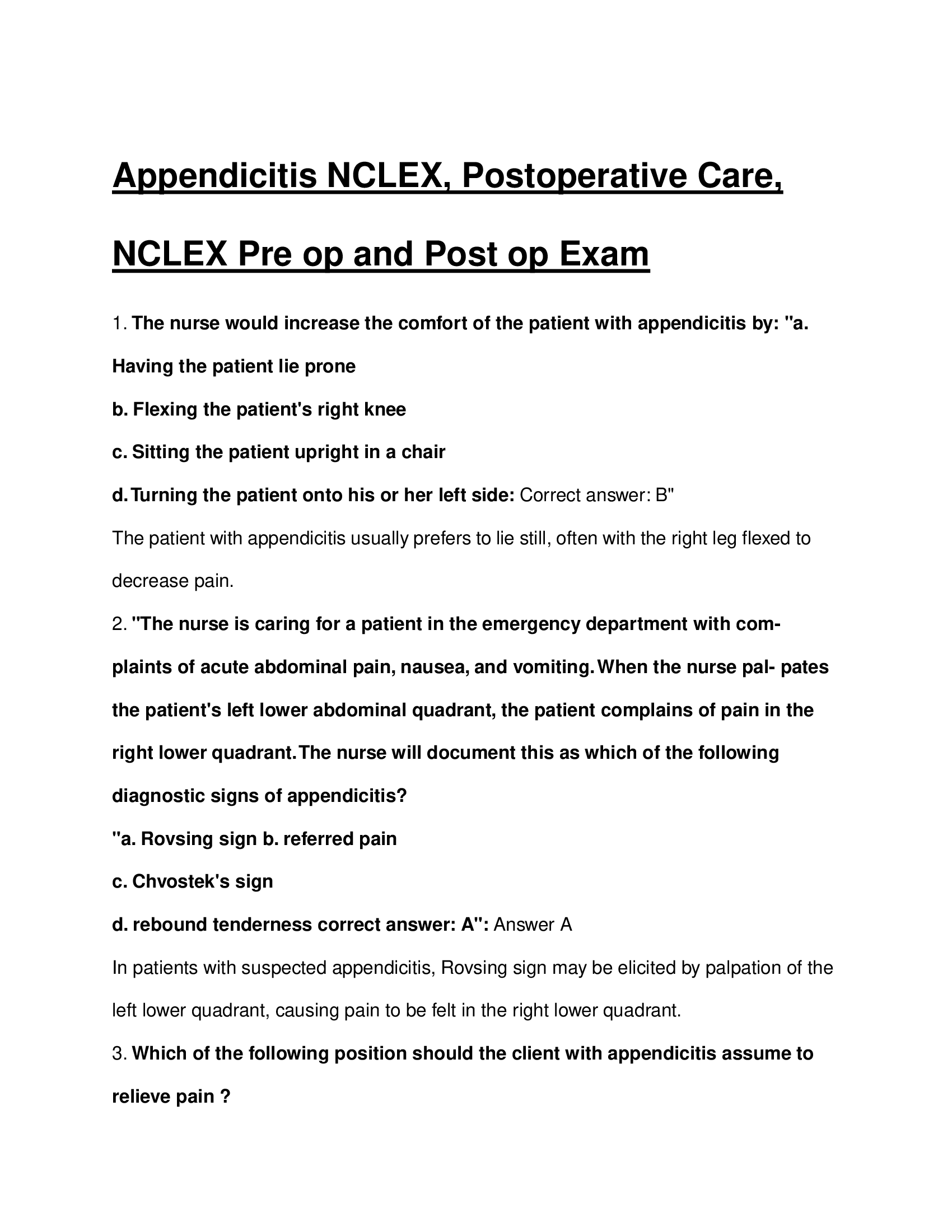 Appendicitis NCLEX, Postoperative Care, NCLEX Pre op and Post op Exam 2026