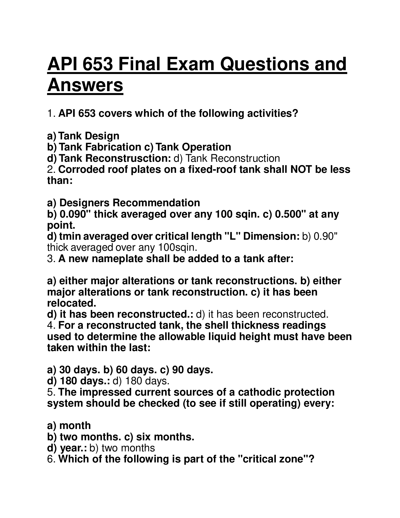 API 653 Final Exam Questions and Answers 2026