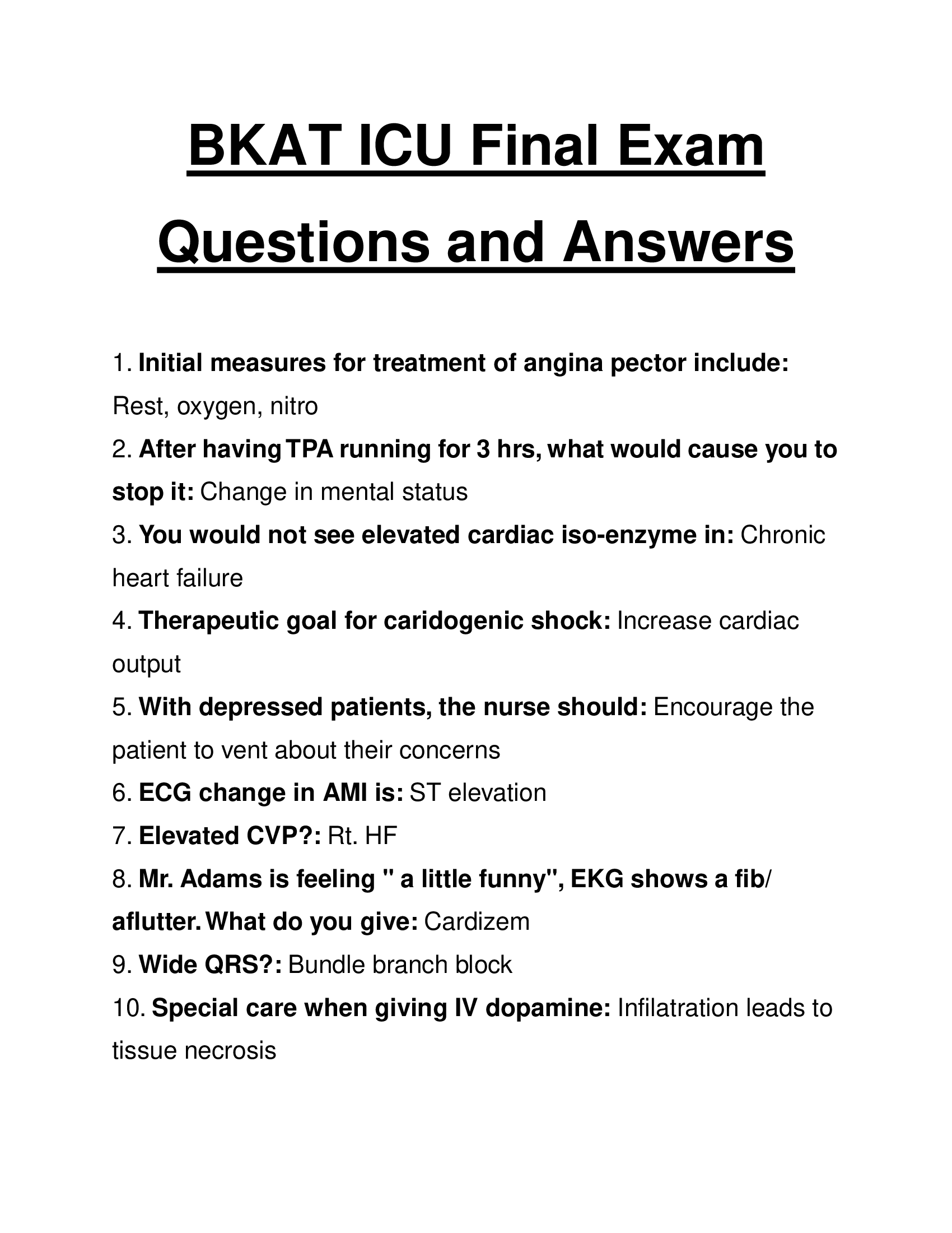 BKAT ICU Final Exam Questions and Answers