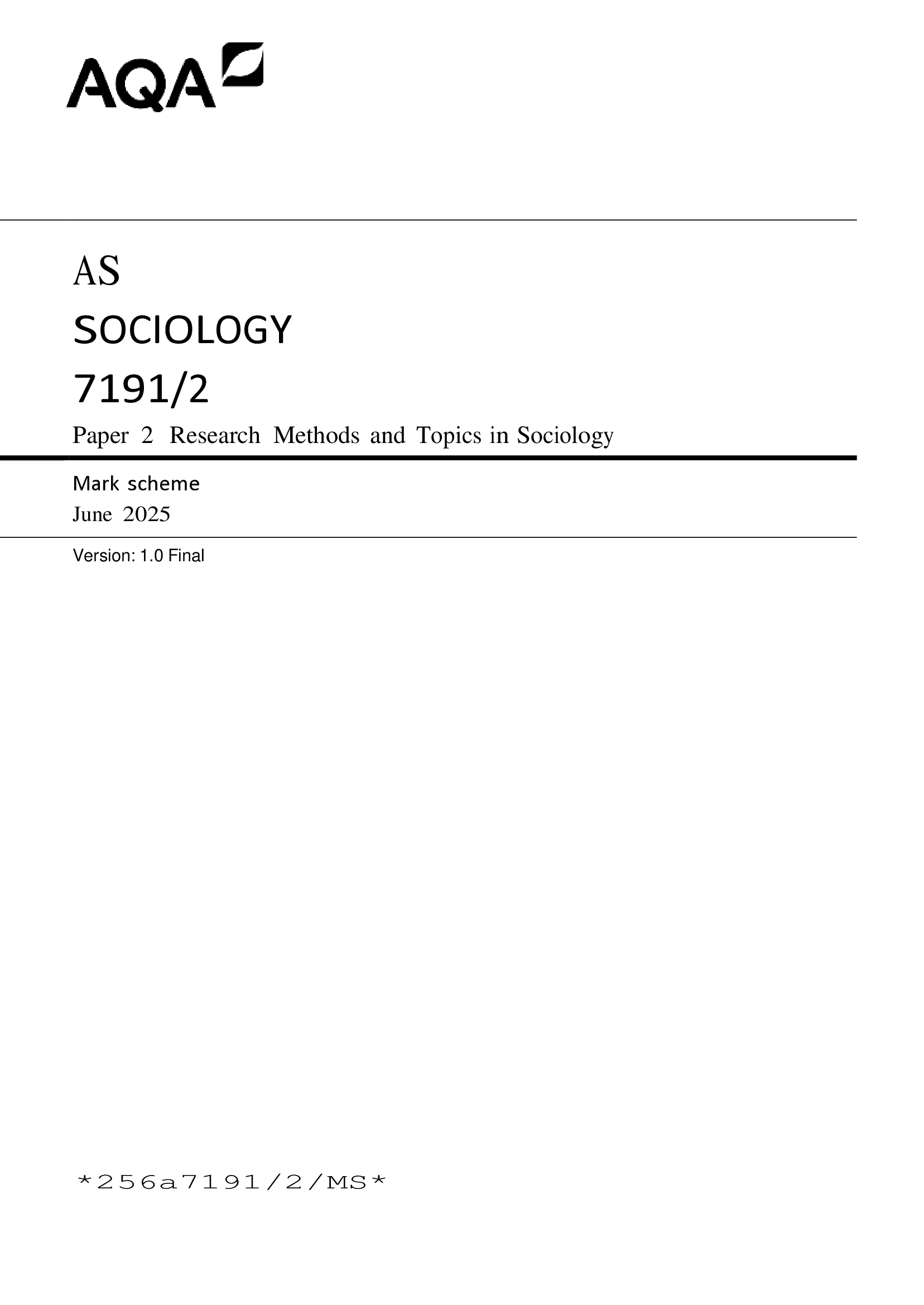 Actual May 2026 AQA AS level Sociology 7191/2 Paper 2 Research Methods and Topics in Sociology Merged Question Paper + Marking Scheme