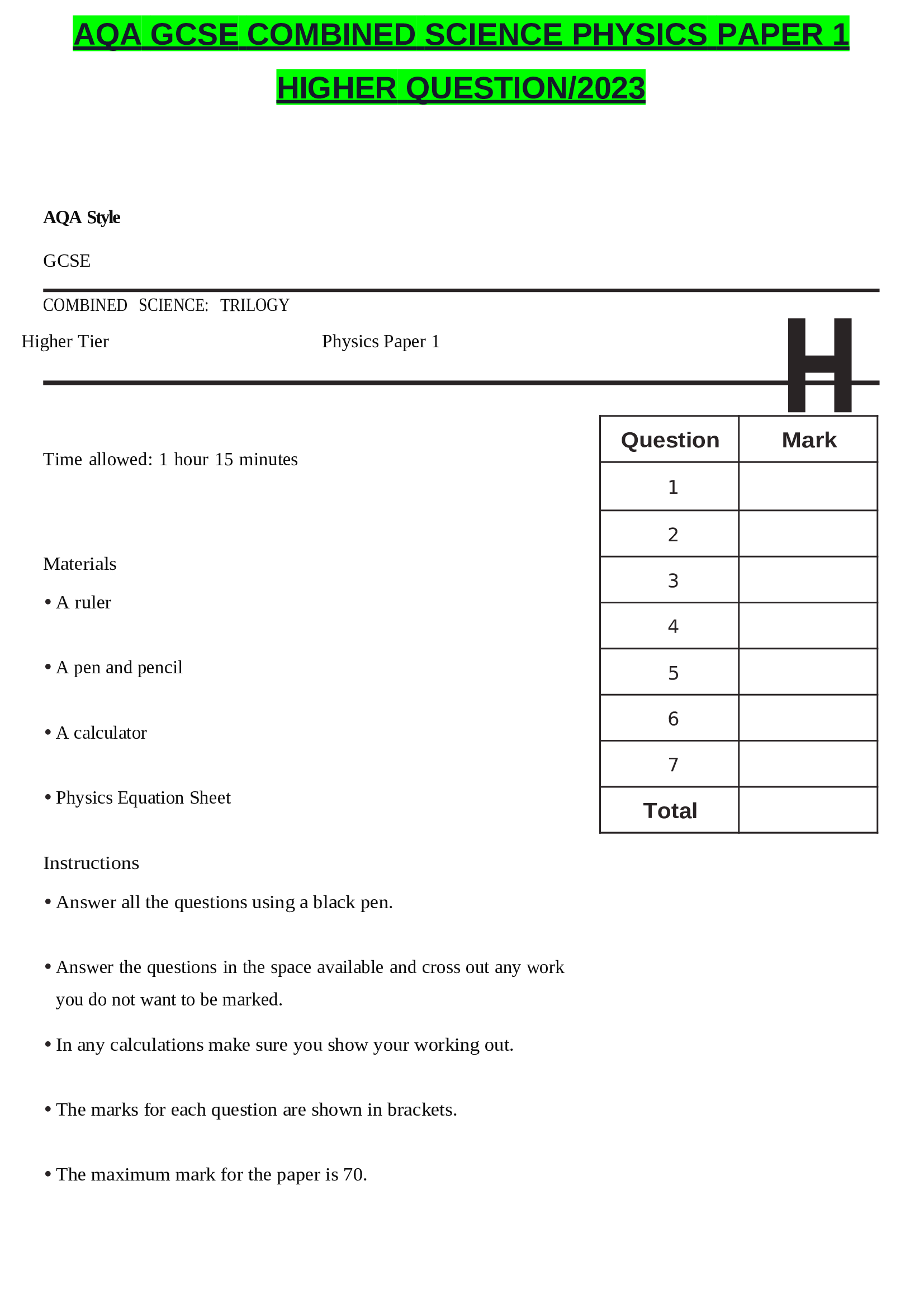 AQA GCSE Combined Science Physics Paper 1 Higher Question 2024