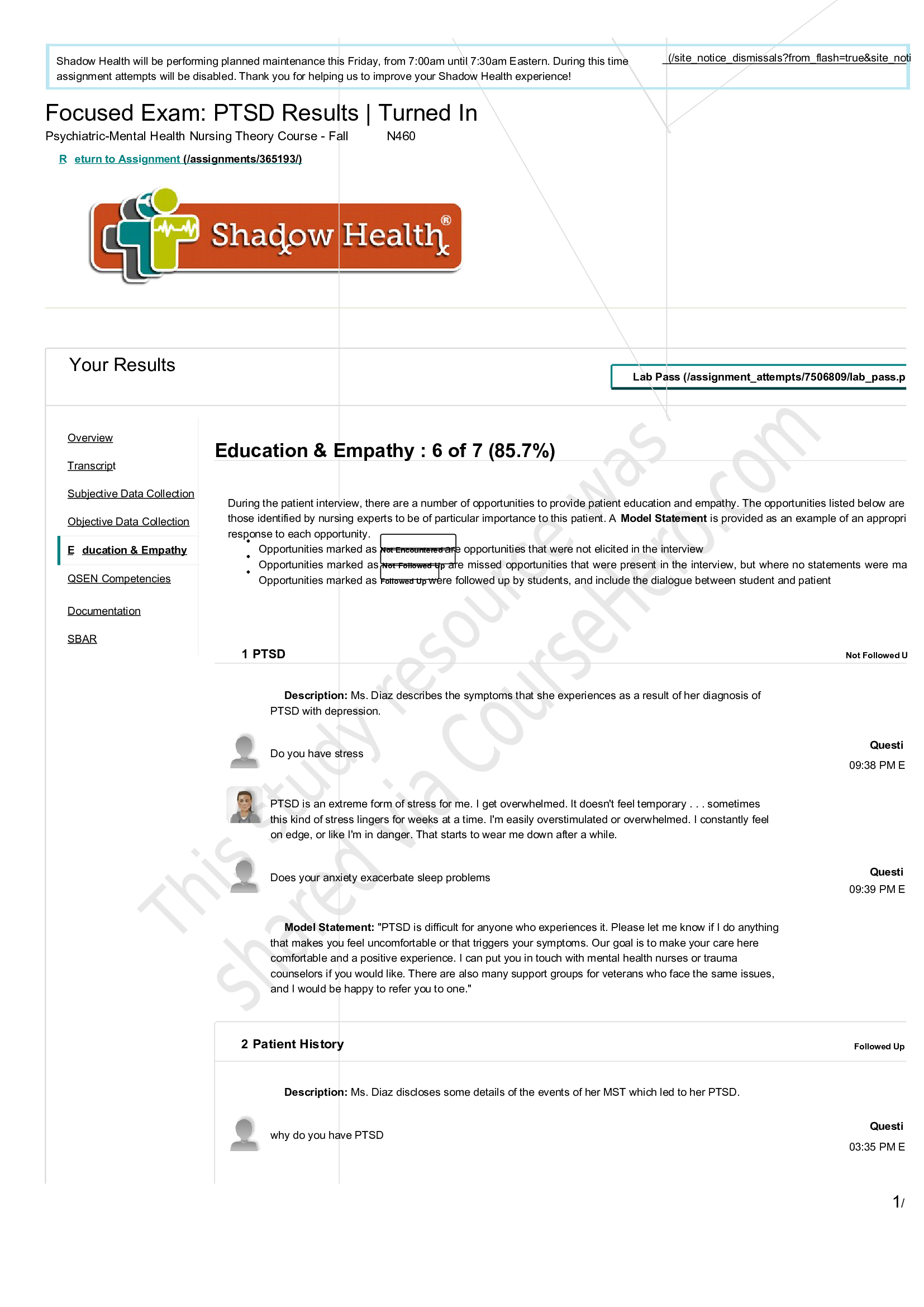 N460 Focused Exam Ms. Diaz PTSD Completed Shadow Health Education & Empathy (Solved)