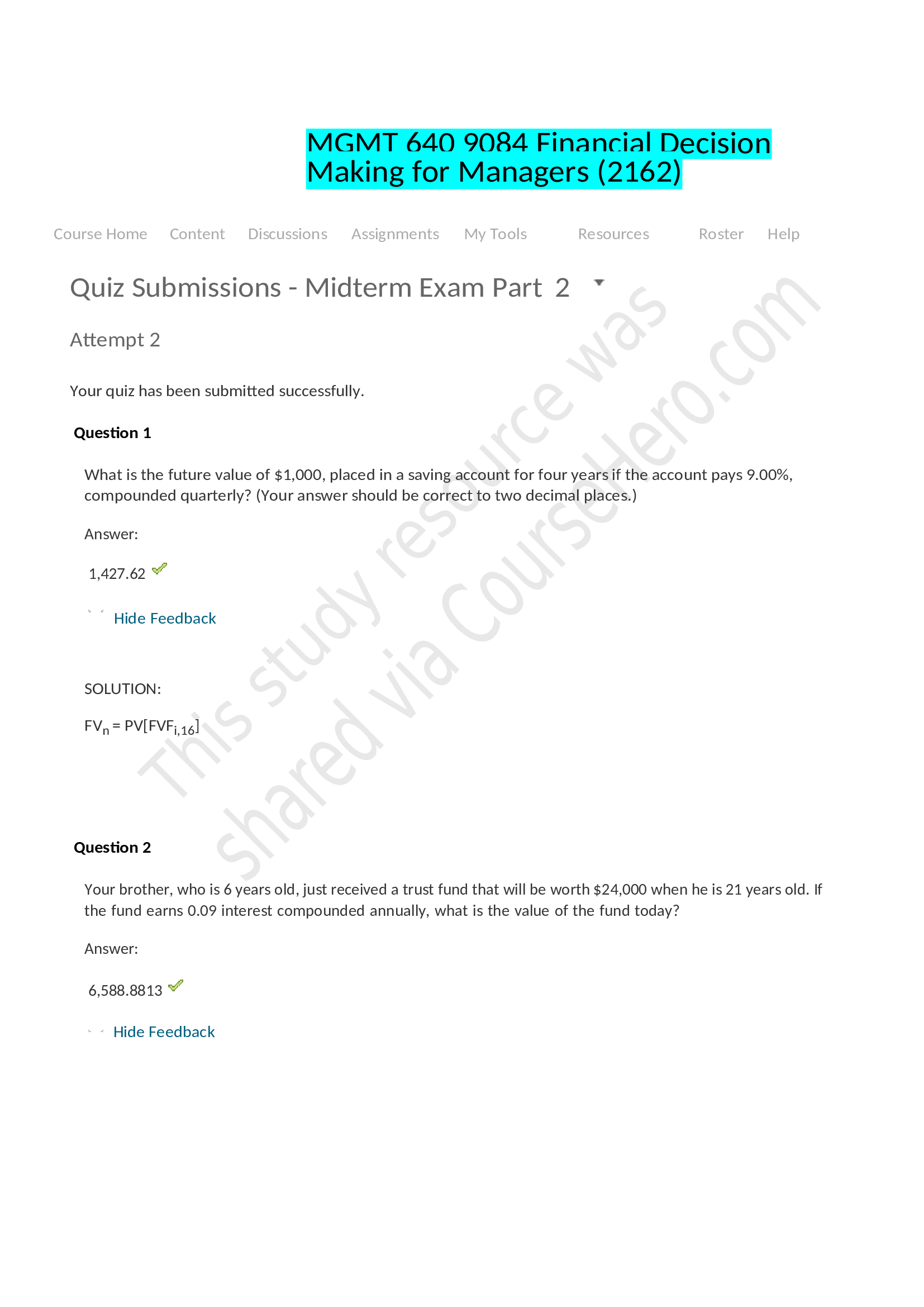 MGMT 640 9084 Financial Decision Making for Managers Practice Questions and Answers