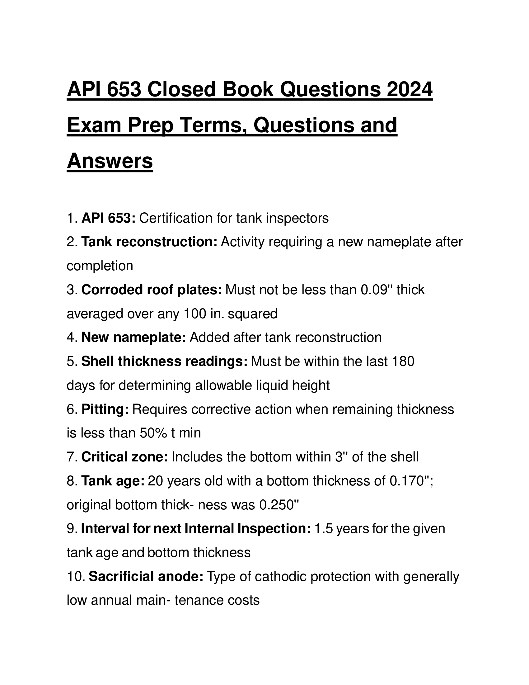 API 653 Closed Book Questions 2026 Exam Prep Terms, Questions and Answers