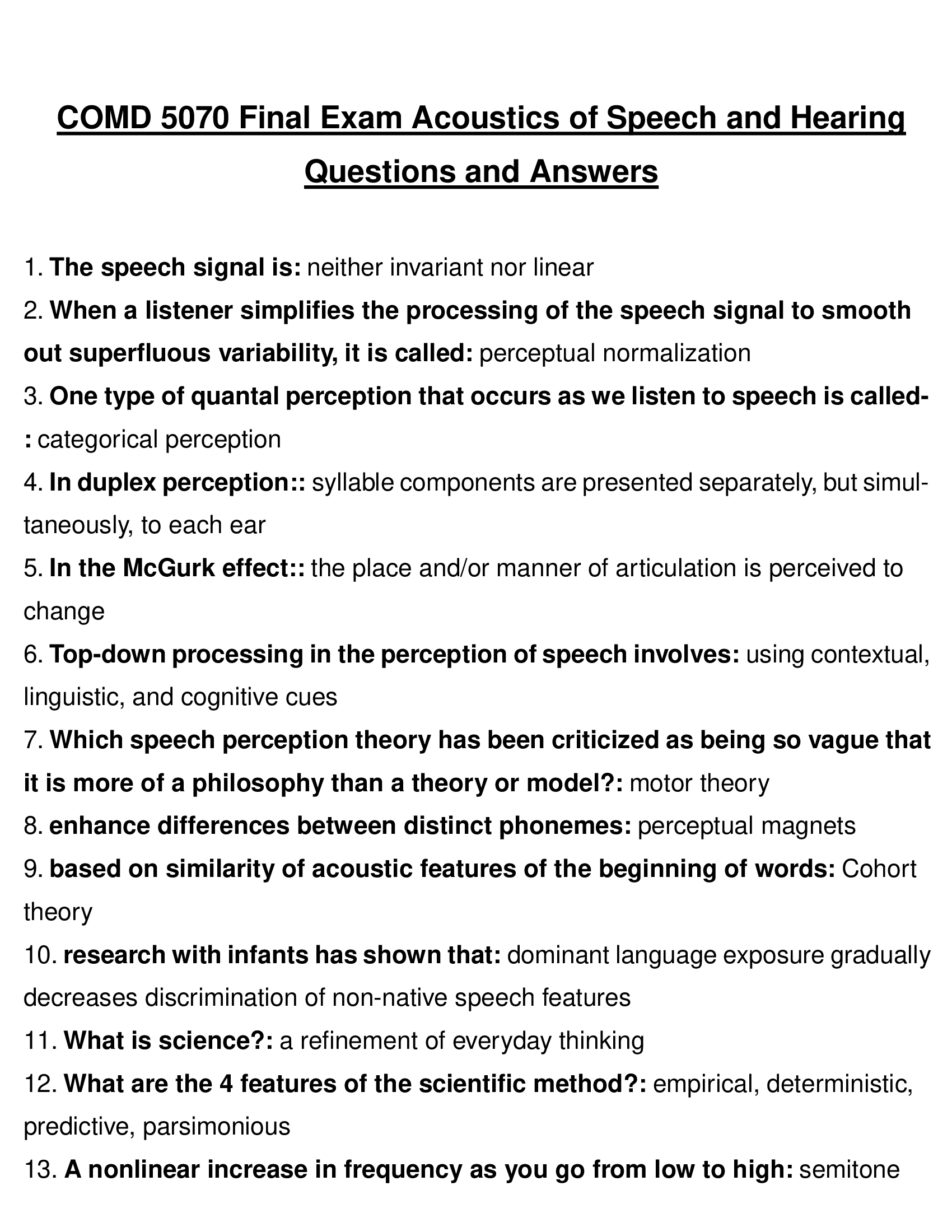 COMD 5070 Final Exam Acoustics of Speech and Hearing questions and answers