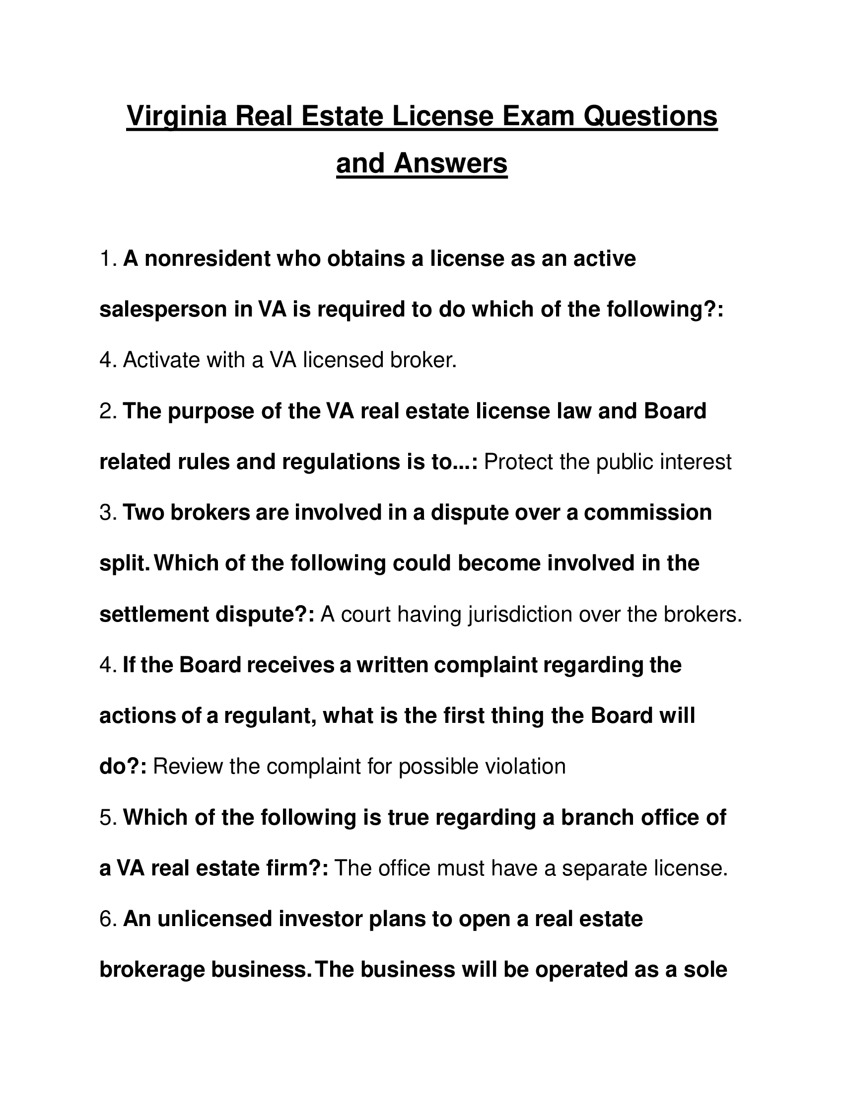 Virginia Real Estate License Exam Questions and Answers 2023
