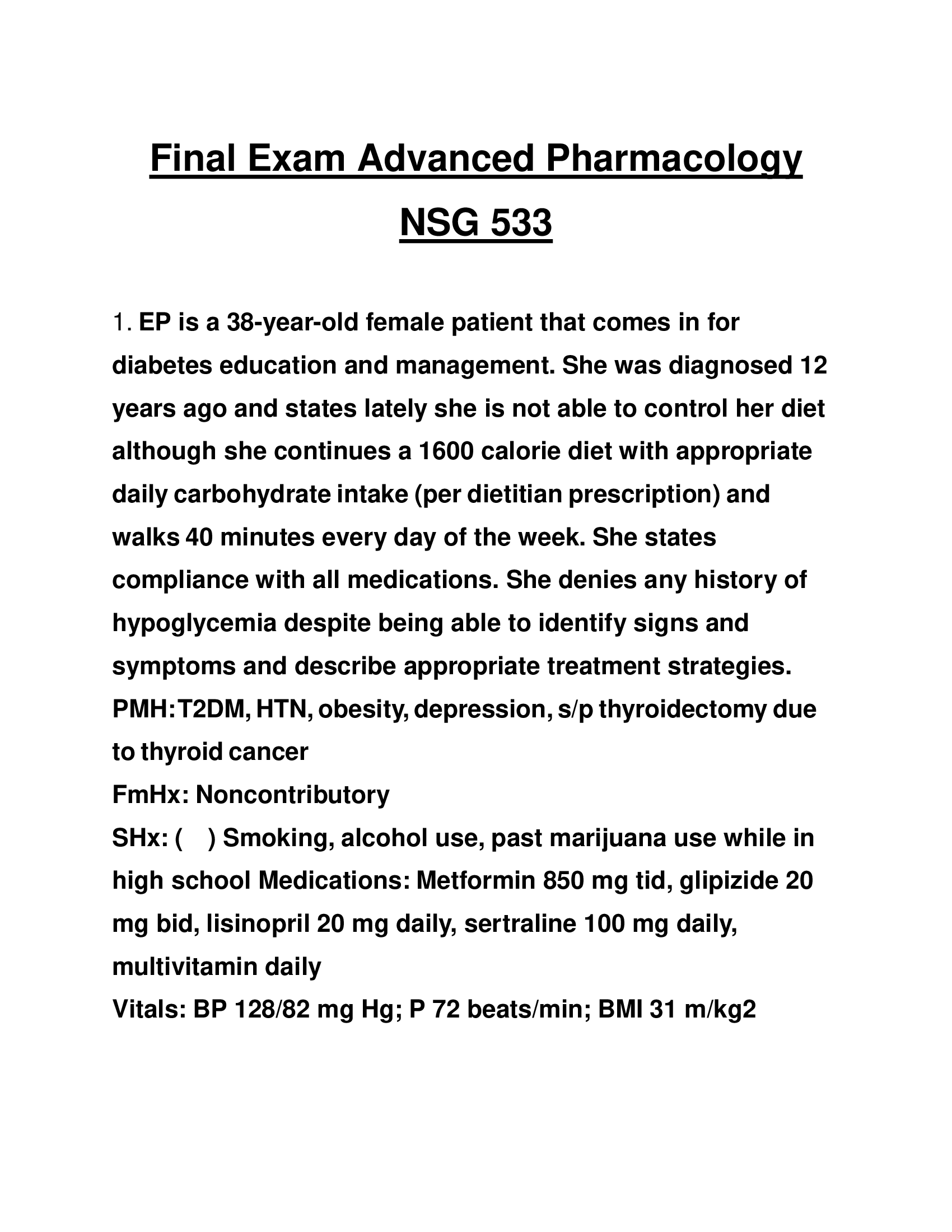 Final Exam Advanced Pharmacology NSG 533