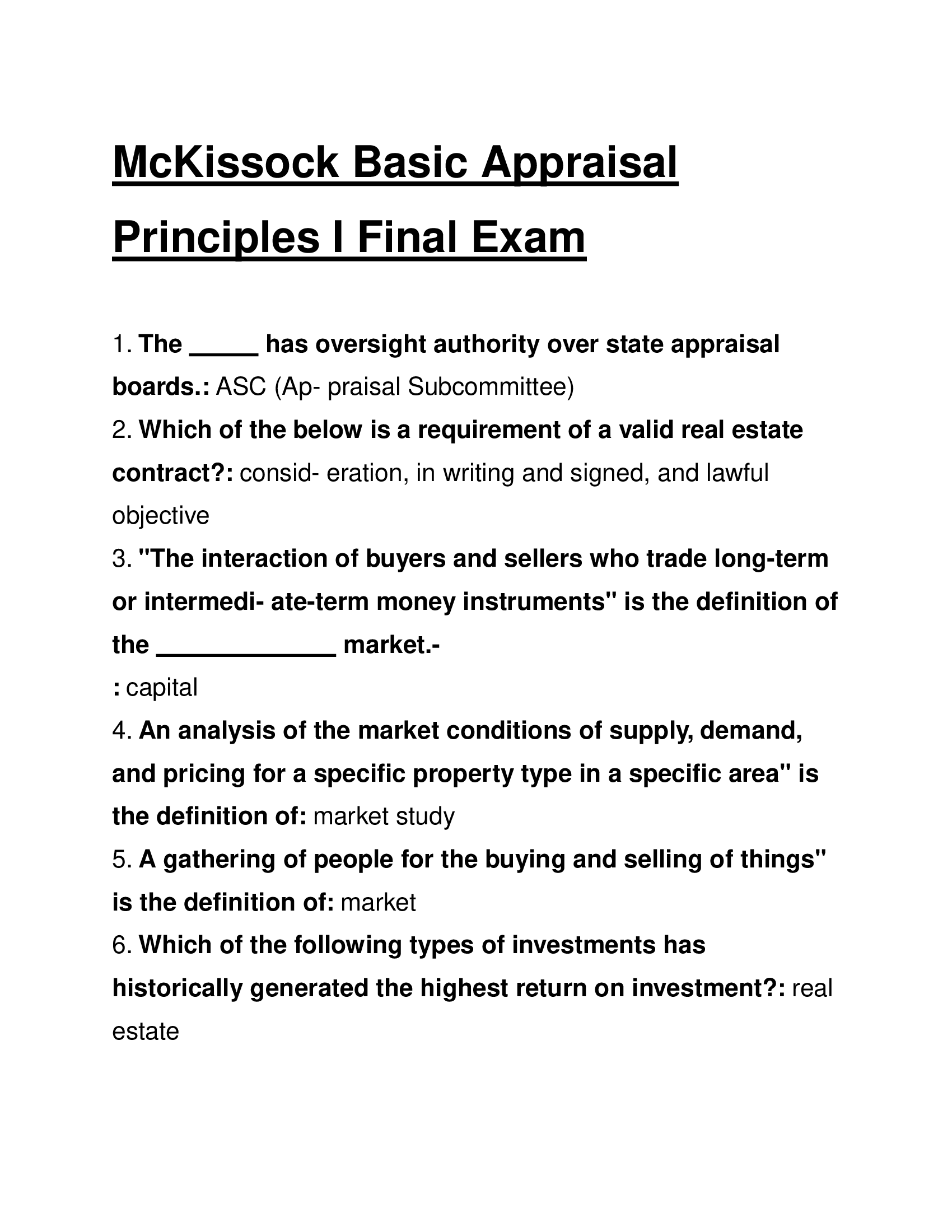 McKissock Basic Appraisal Principles I Final Exam 2026