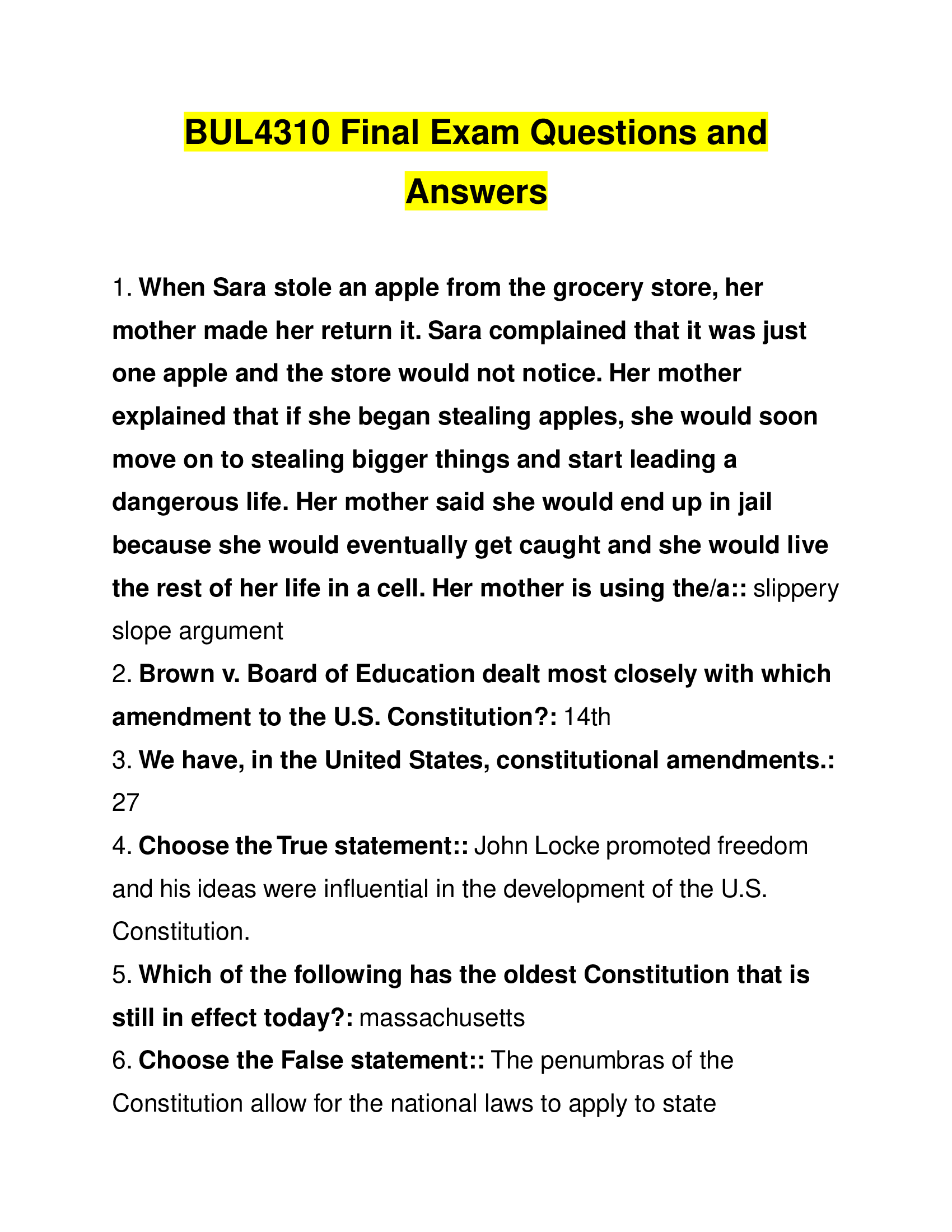 BUL4310 Final Exam Questions and Answers 2024