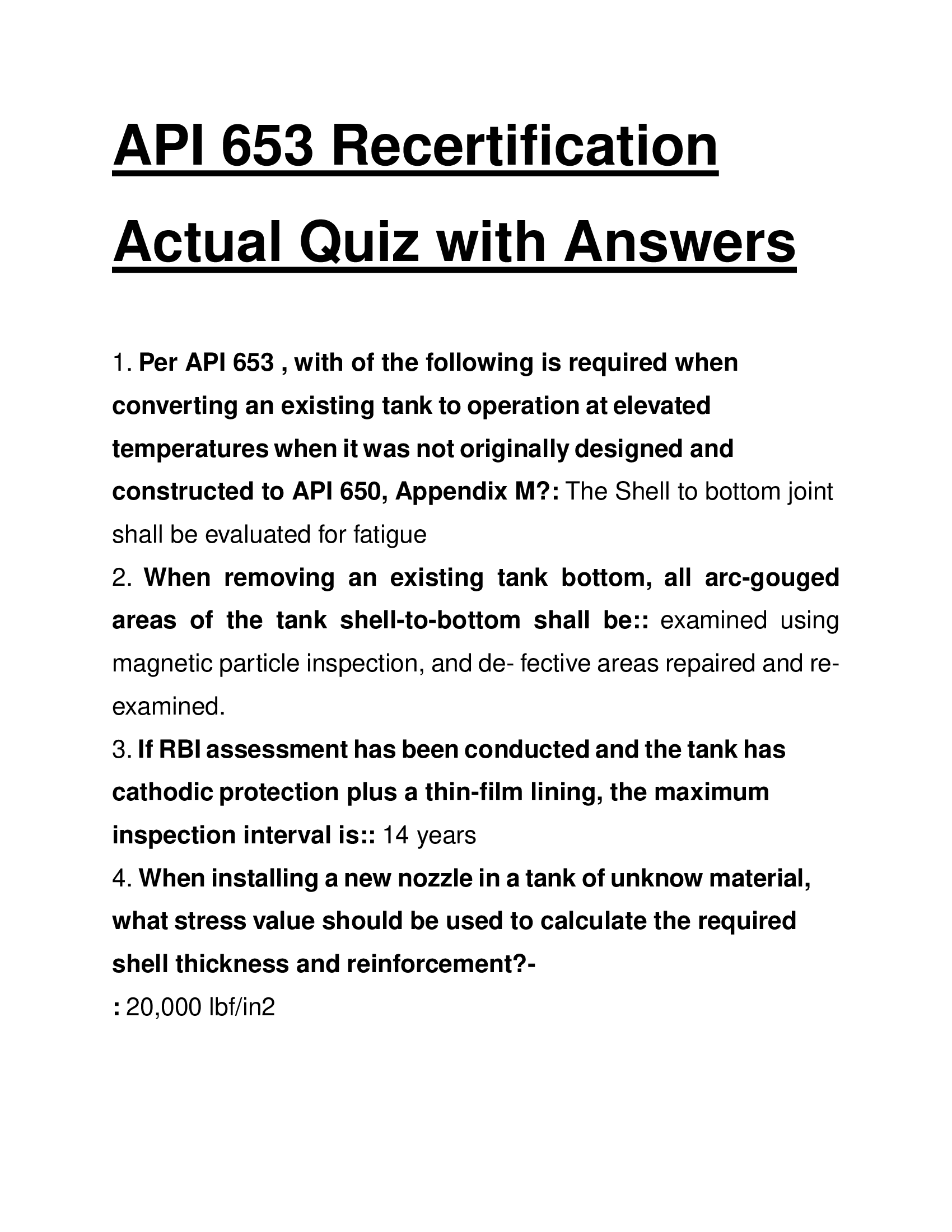 API 653 Recertification Actual Quiz with Answers