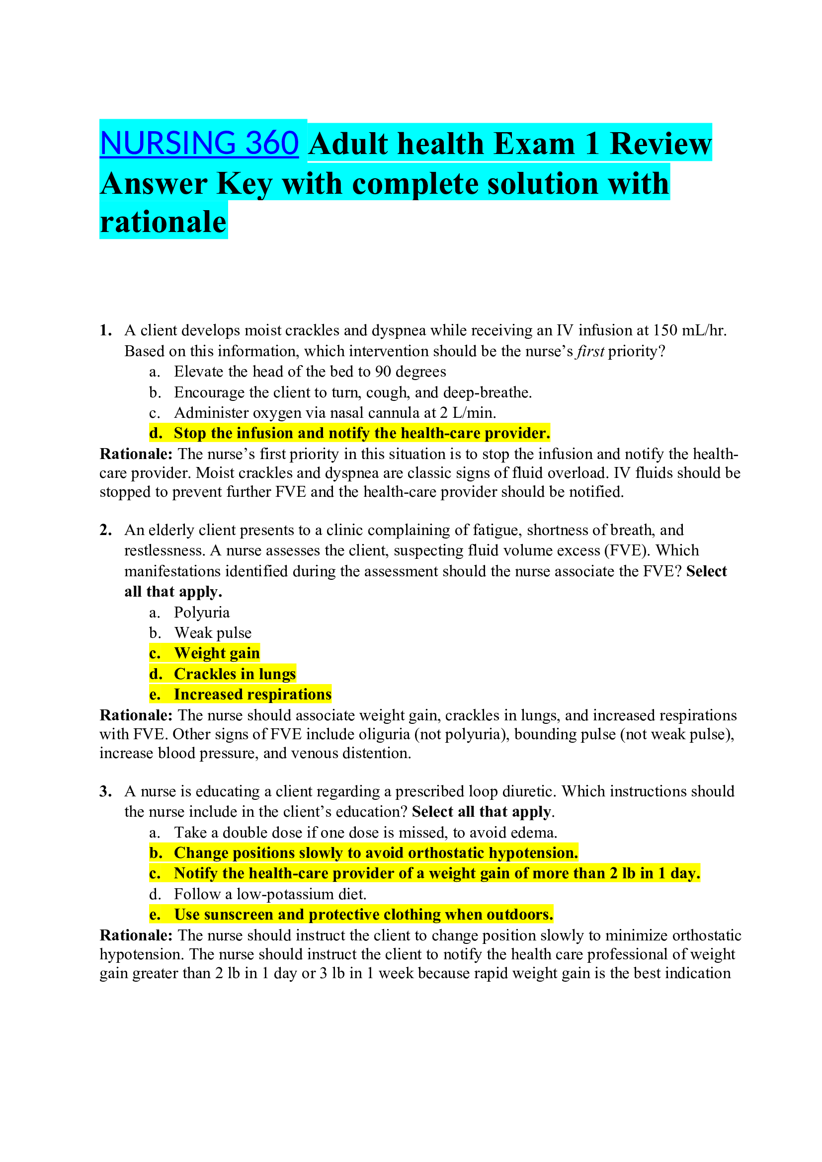 Nursing 360 Adult health Exam 1 Review Answer Key with complete solution with rationale 2023 (All answers are correct)