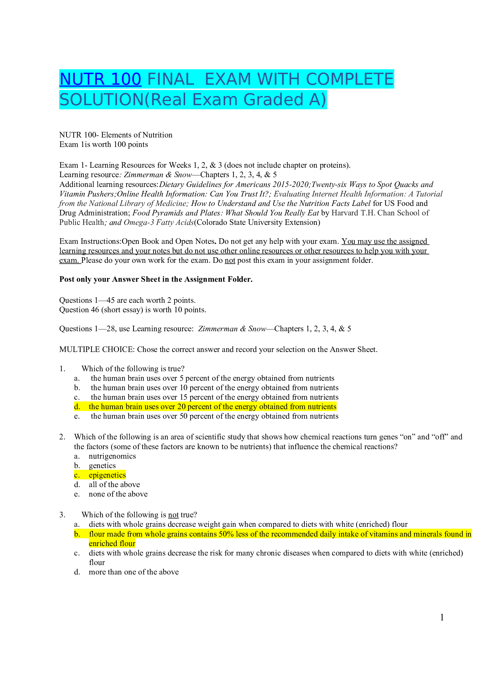 NUTR 100 Final Exam with Complete Solutions 2023 (Real Exam Grade A)