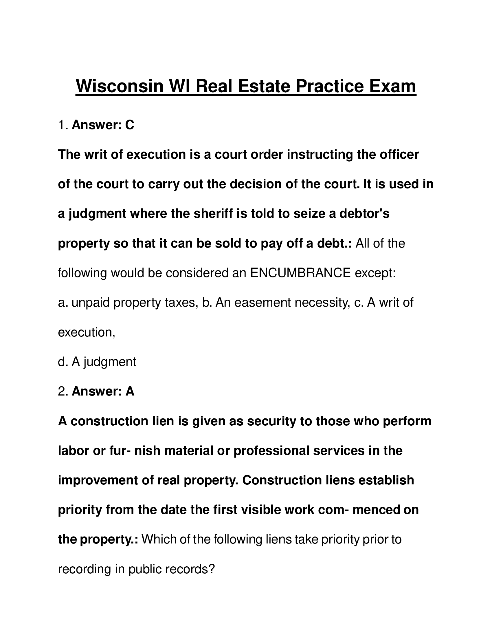 Wisconsin WI Real Estate Practice Exam Questions and Answers 2023