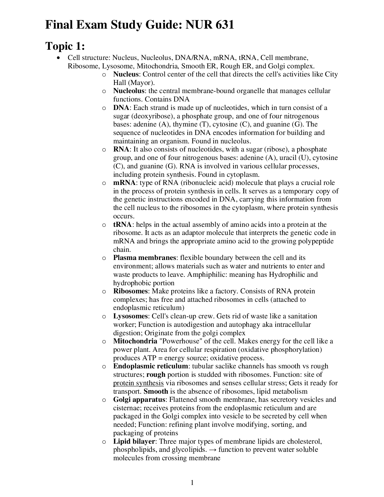 NUR 631 Advanced Pathophysiology Final Exam Study Guide