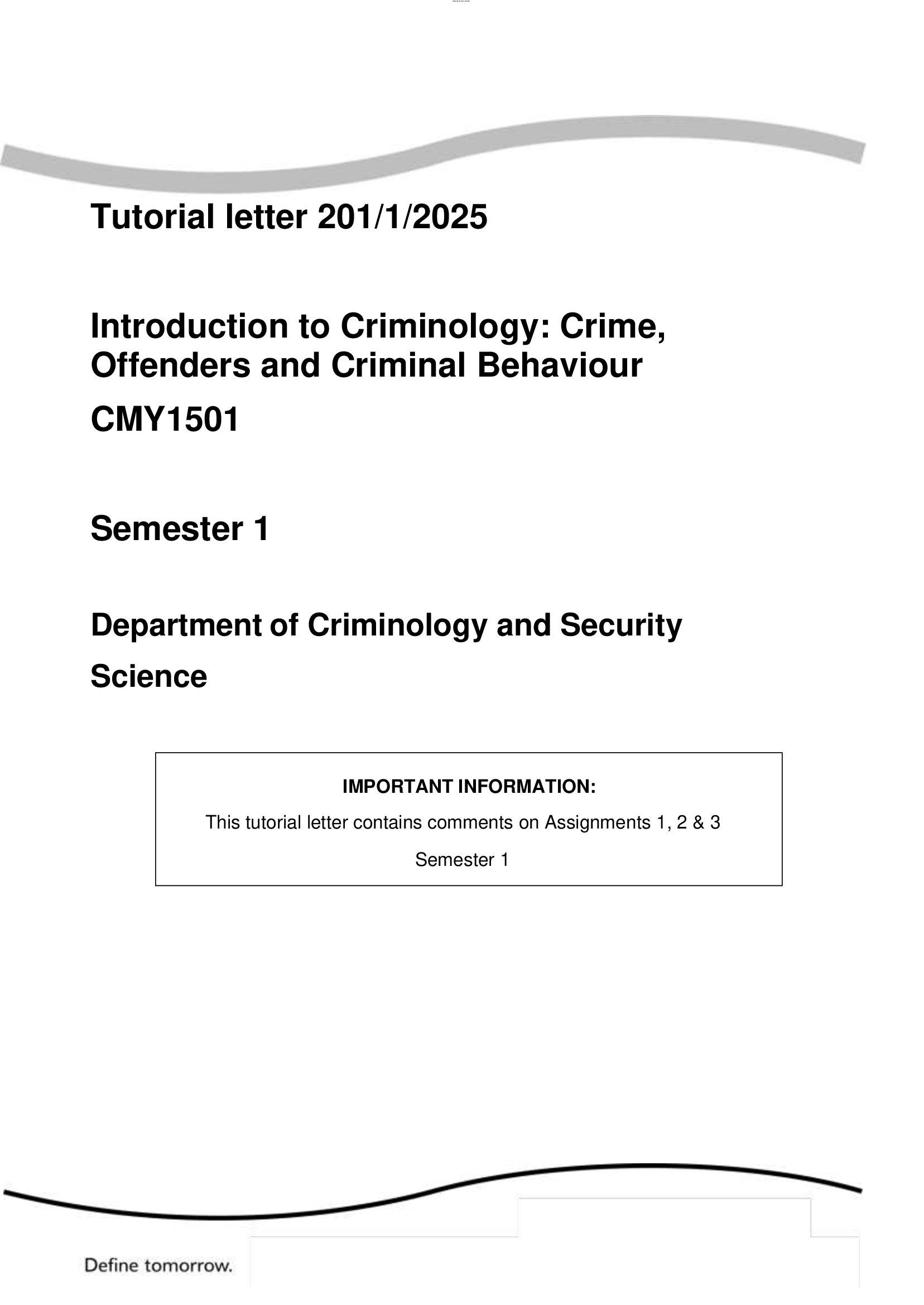 Tutorial letter 201/1/2026 CMY1501 Introduction to Criminology: Crime, Offenders and Criminal Behaviour (Answers)
