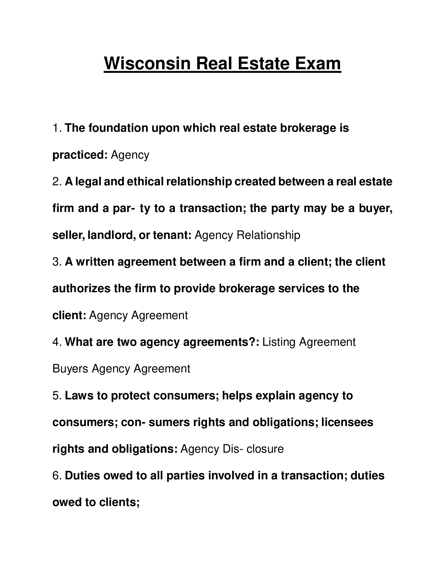 Wisconsin Real Estate Exam Questions and Answers 2023