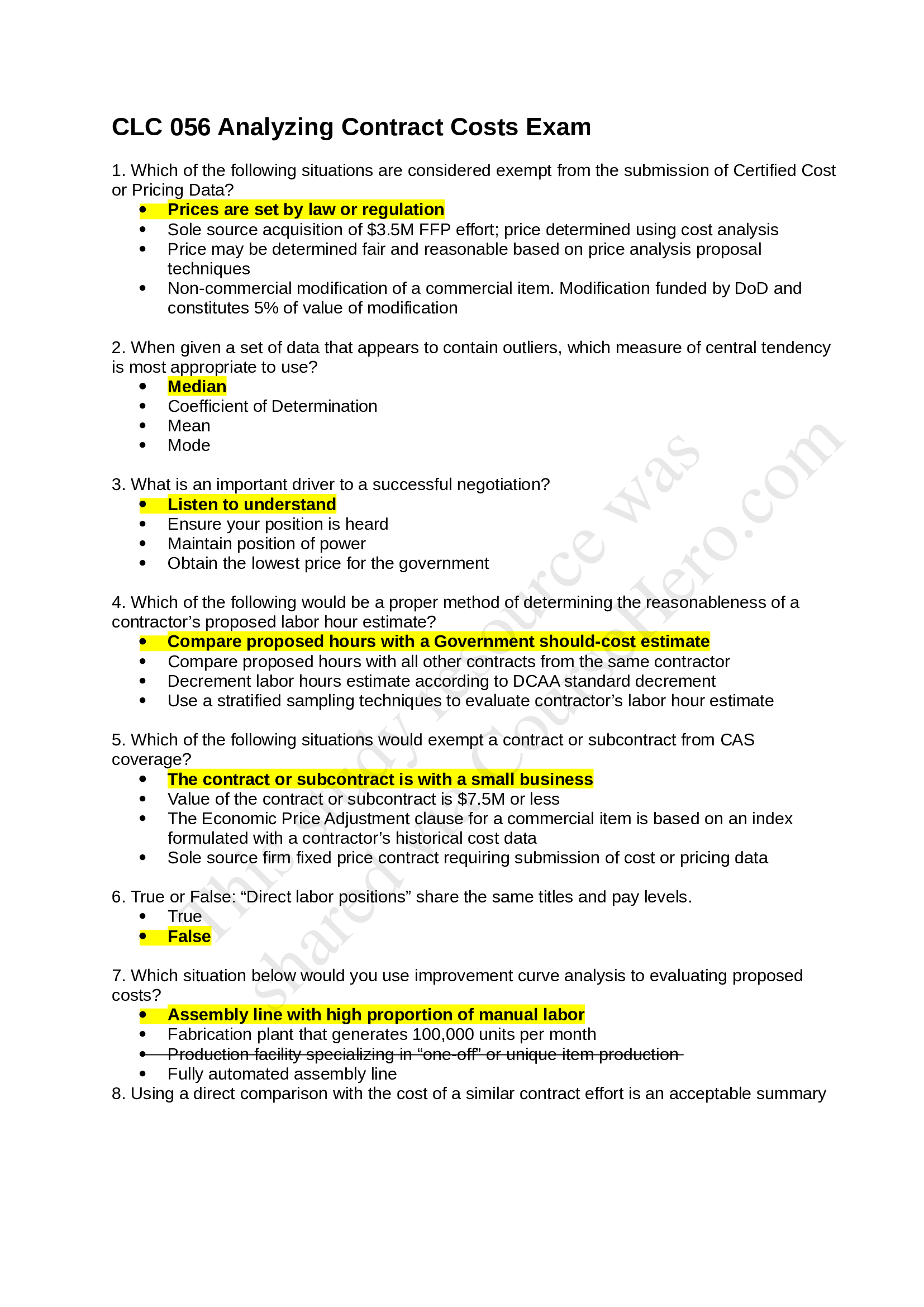 CLC 056 Analyzing Contract Costs Exam 1 | Real Questions and Updated Answer Key (2026)
