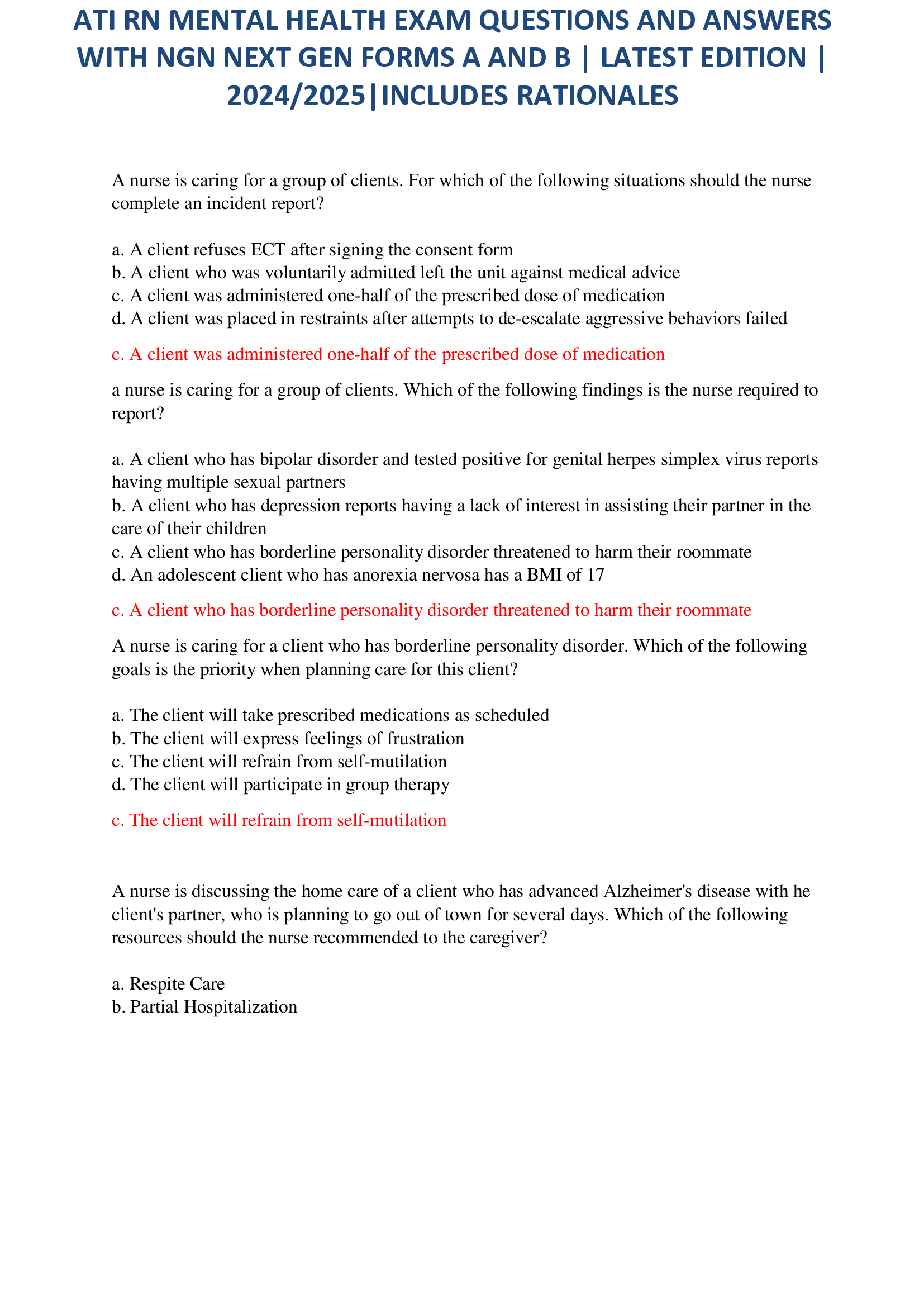 ATI RN MENTAL HEALTH EXAM QUESTIONS AND ANSWERS WITH NGN NEXT GEN FORMS A AND B | LATEST EDITION | 2024, 2026|INCLUDES RATIONALES