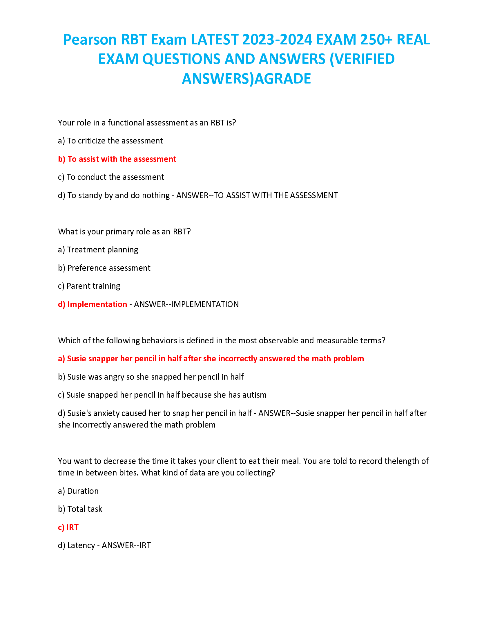 Pearson RBT Exam LATEST 2023-2024 EXAM 250+ REAL  EXAM QUESTIONS AND ANSWERS (VERIFIED  ANSWERS)AGRADE