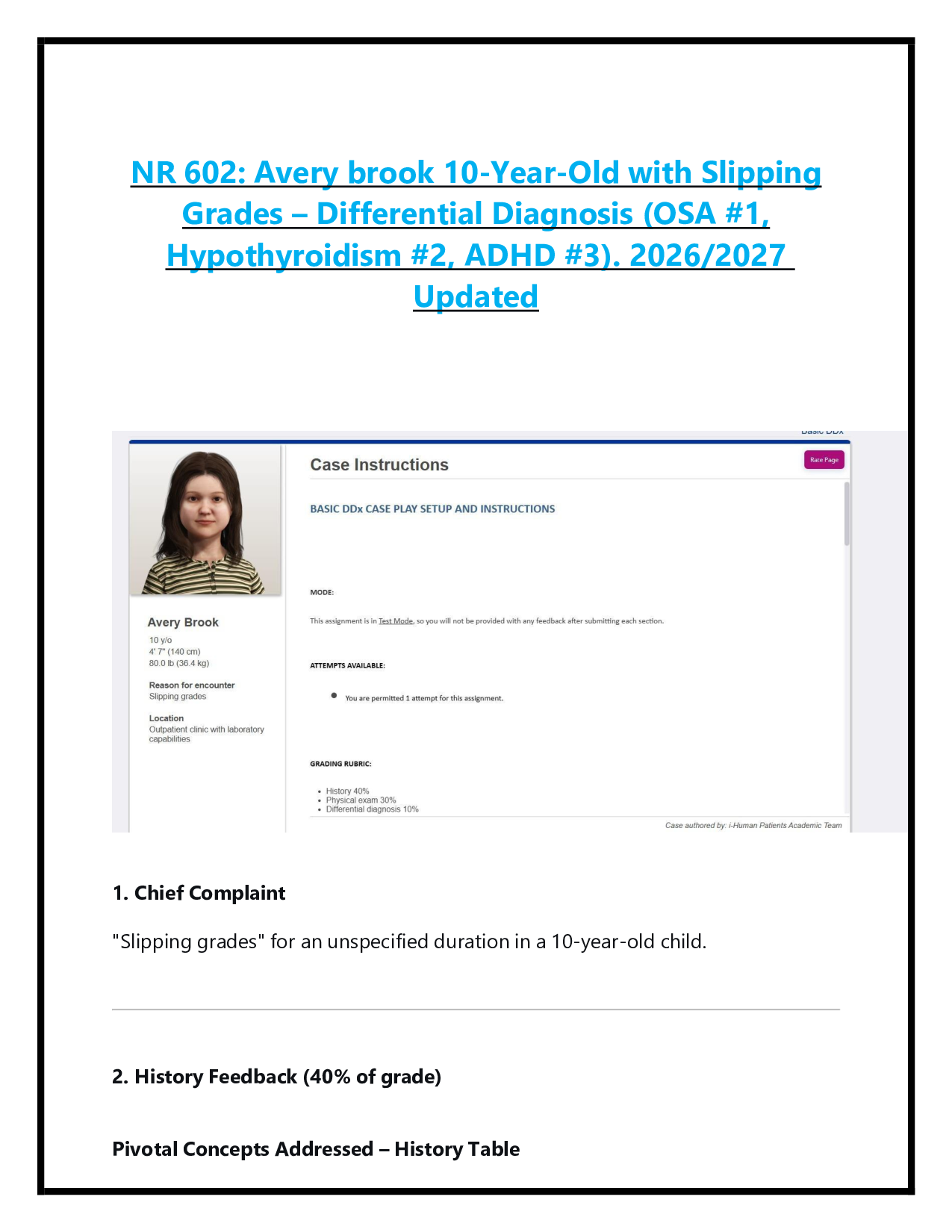 NR 602: Avery brook 10-Year-Old with Slipping  Grades – Differential Diagnosis (OSA #1,  Hypothyroidism #2, ADHD #3). 2026/2027  Updated