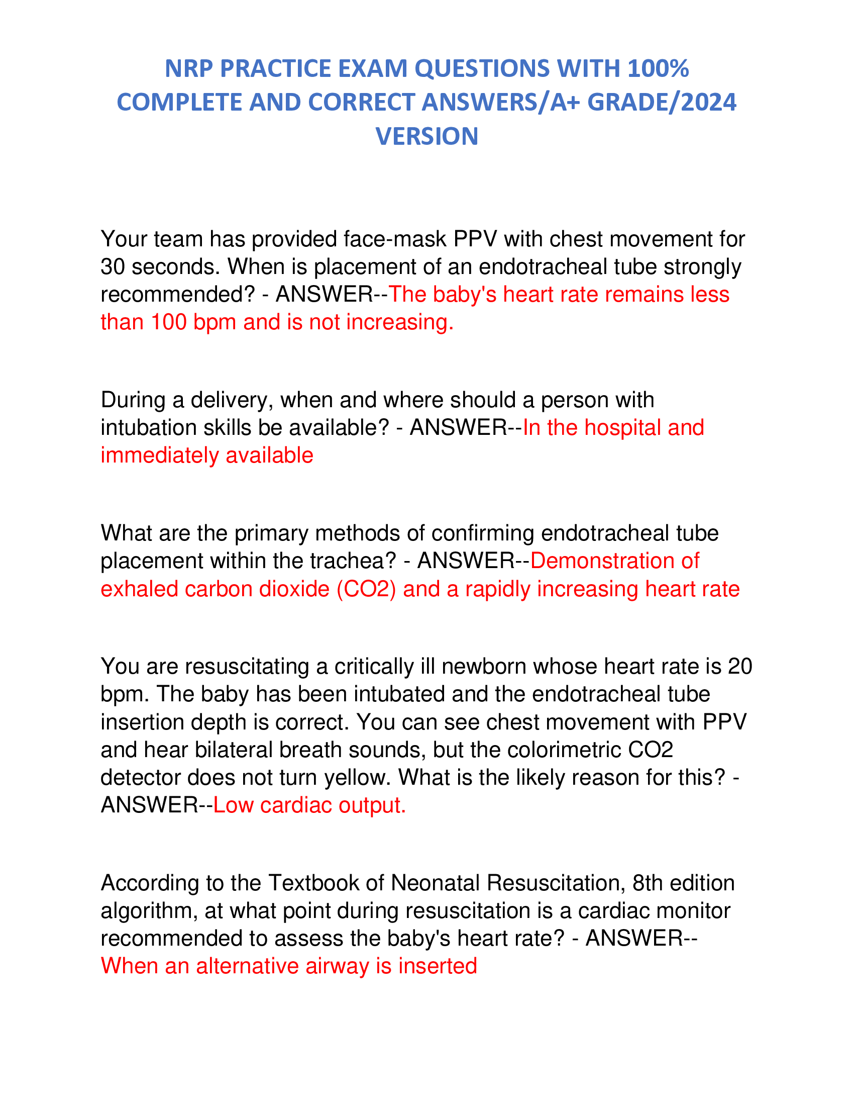 NRP PRACTICE EXAM QUESTIONS WITH COMPLETE AND CORRECT ANSWERS, A+ GRADE, 2024 VERSION