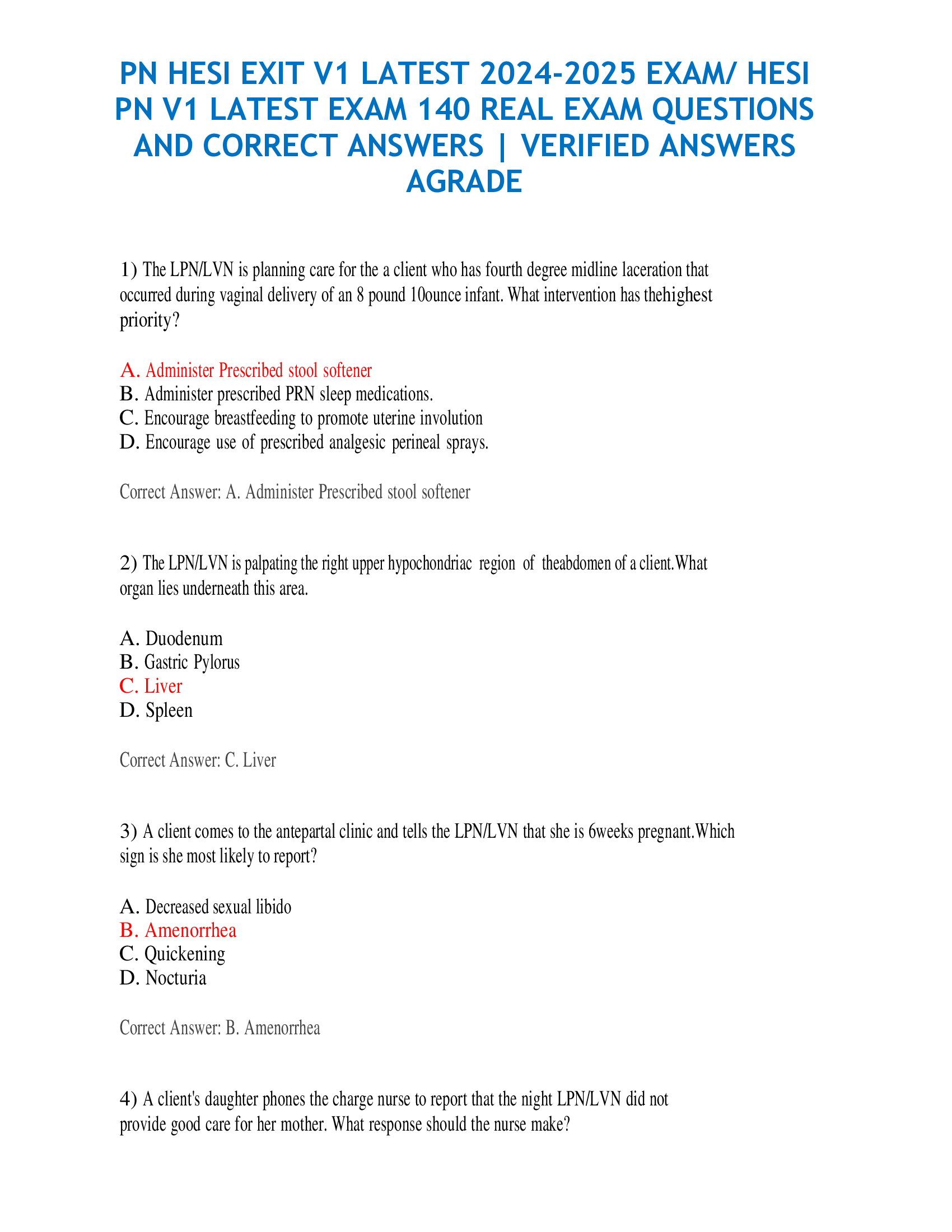 PN 2024-2026 EXAM, HESI PN V1 LATESTHESI EXIT V1 LATEST 2 EXAM 140 REAL EXAM QUESTIONS AND CORRECT ANSWERS | VERIFIED ANSWERS A GRADE