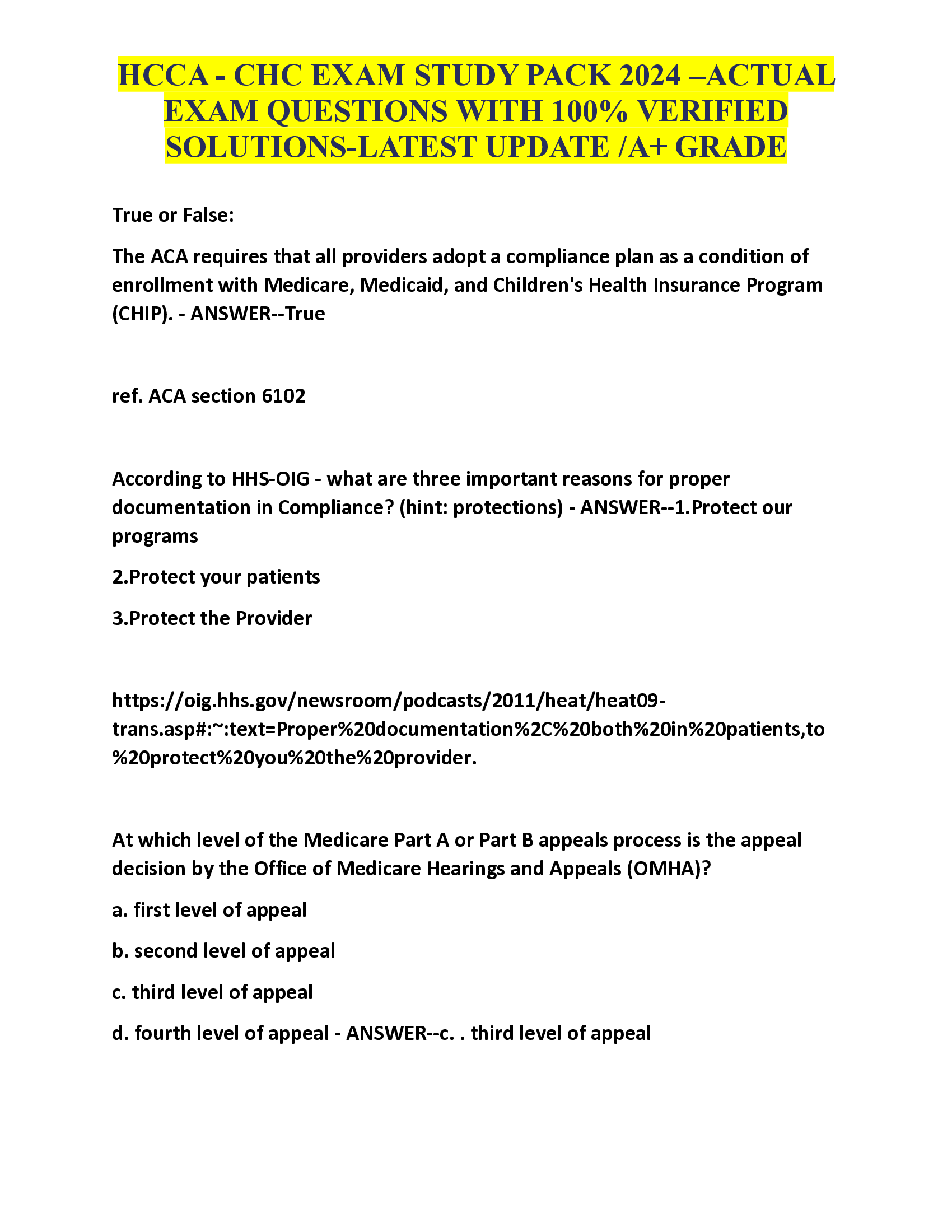 HCCA - CHC EXAM STUDY PACK 2024 –ACTUAL  EXAM QUESTIONS WITH 100 Percent VERIFIED  SOLUTIONS-LATEST UPDATE | A+ GRADE