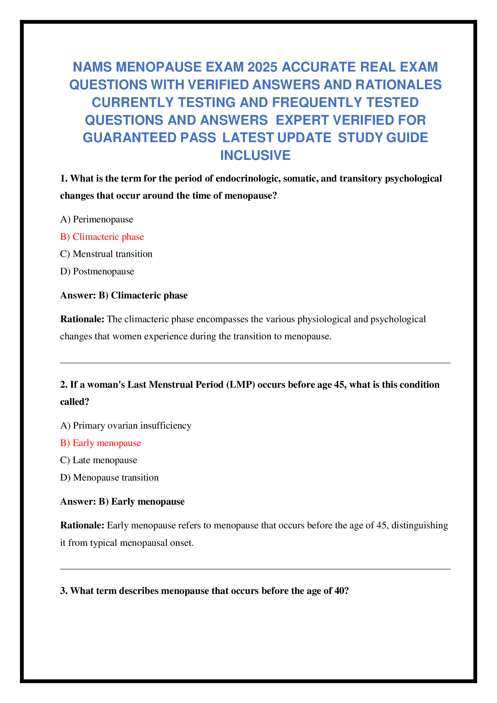 NAMS MENOPAUSE EXAM 2026 ACCURATE REAL EXAM  QUESTIONS WITH VERIFIED ANSWERS AND RATIONALES  CURRENTLY TESTING AND FREQUENTLY TESTED  QUESTIONS AND ANSWERS  EXPERT VERIFIED FOR  GUARANTEED PASS  LATEST UPDATE  STUDY GUIDE  INCLUSIVE