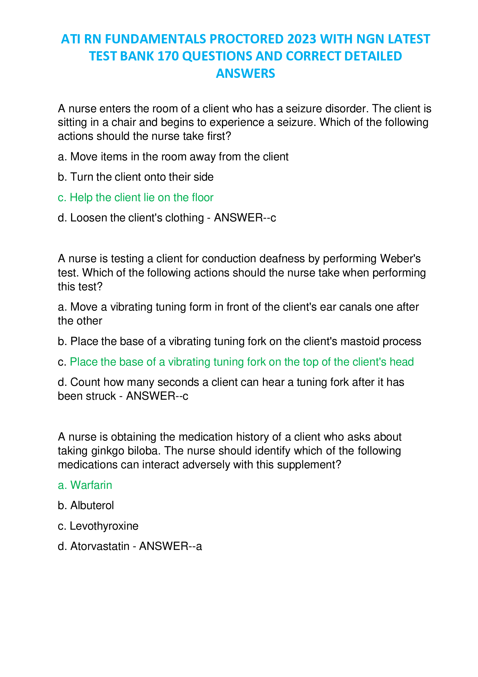 ATI RN FUNDAMENTALS PROCTORED 2023 WITH NGN LATEST TEST BANK 170 QUESTIONS AND CORRECT DETAILED ANSWERS