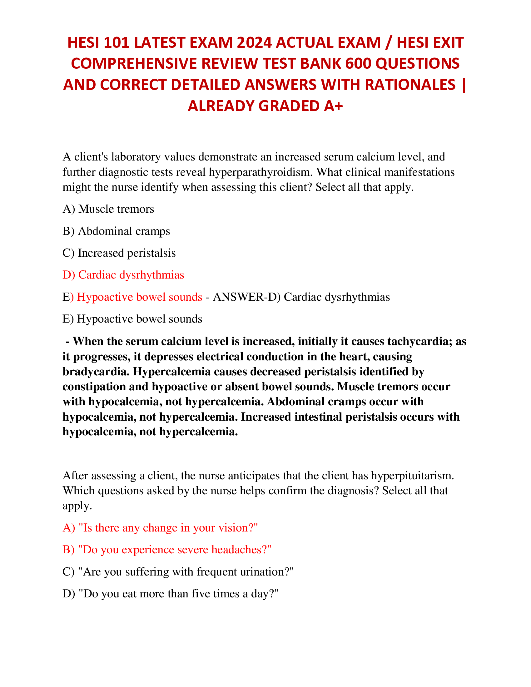 HESI 101 LATEST EXAM 2024 ACTUAL EXAM, HESI EXIT  COMPREHENSIVE REVIEW TEST BANK 600 QUESTIONS  AND CORRECT DETAILED ANSWERS WITH RATIONALES |  ALREADY GRADED A+