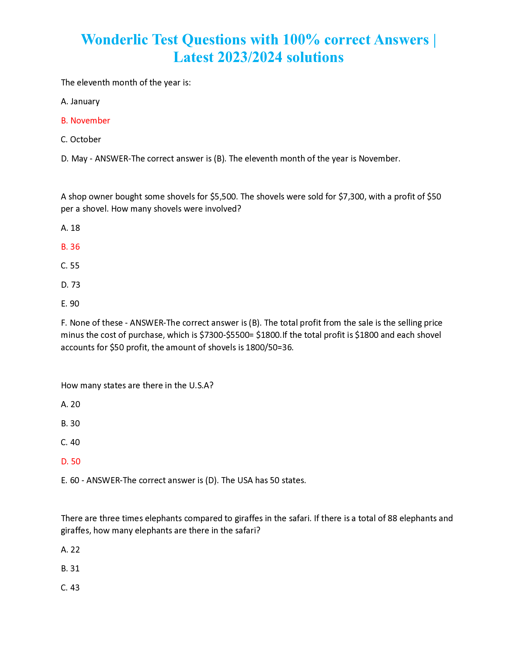 Wonderlic Test Questions with 100 Percent correct Answers |  Latest 2023, 2024 solutions