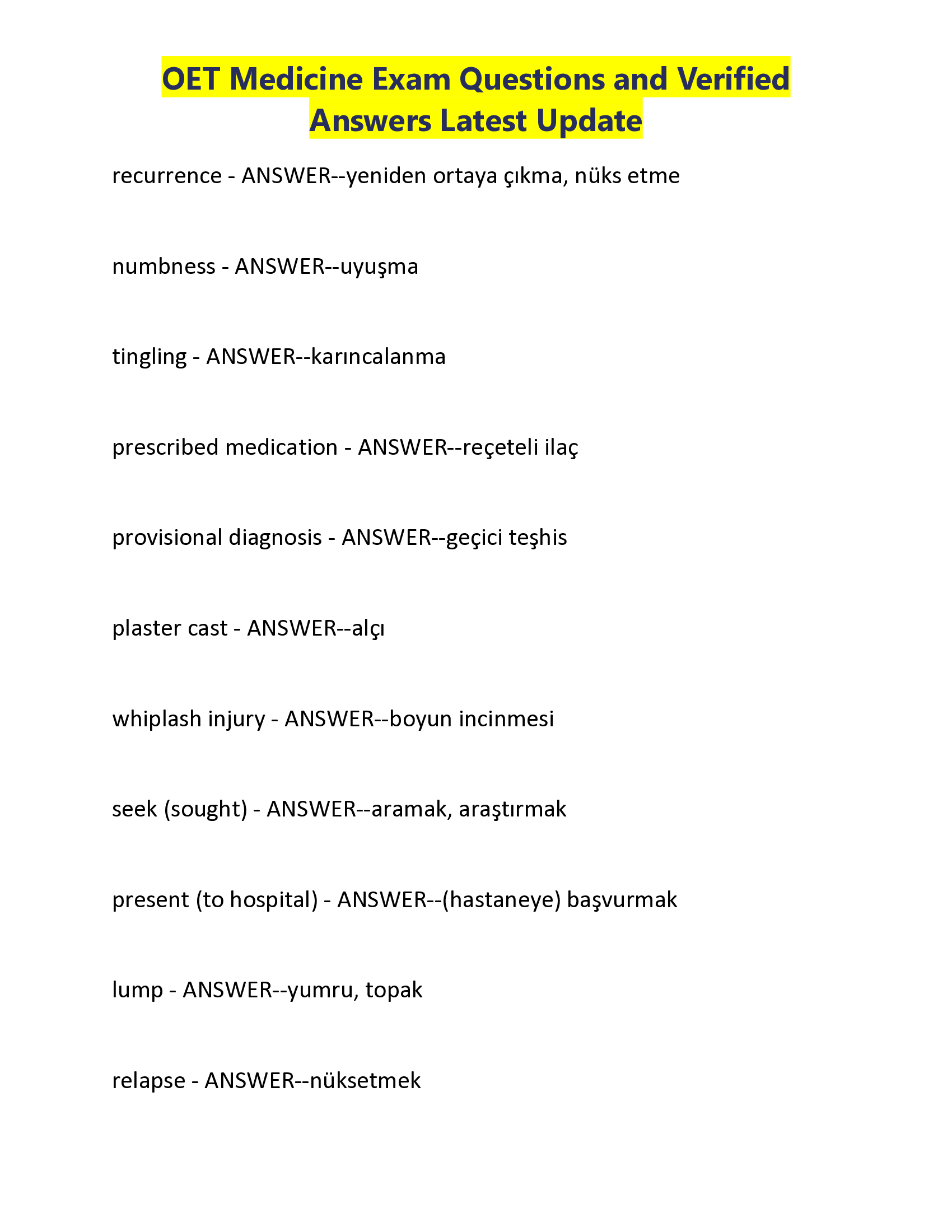 OET Medicine Exam Questions and Verified   Answers Latest Update