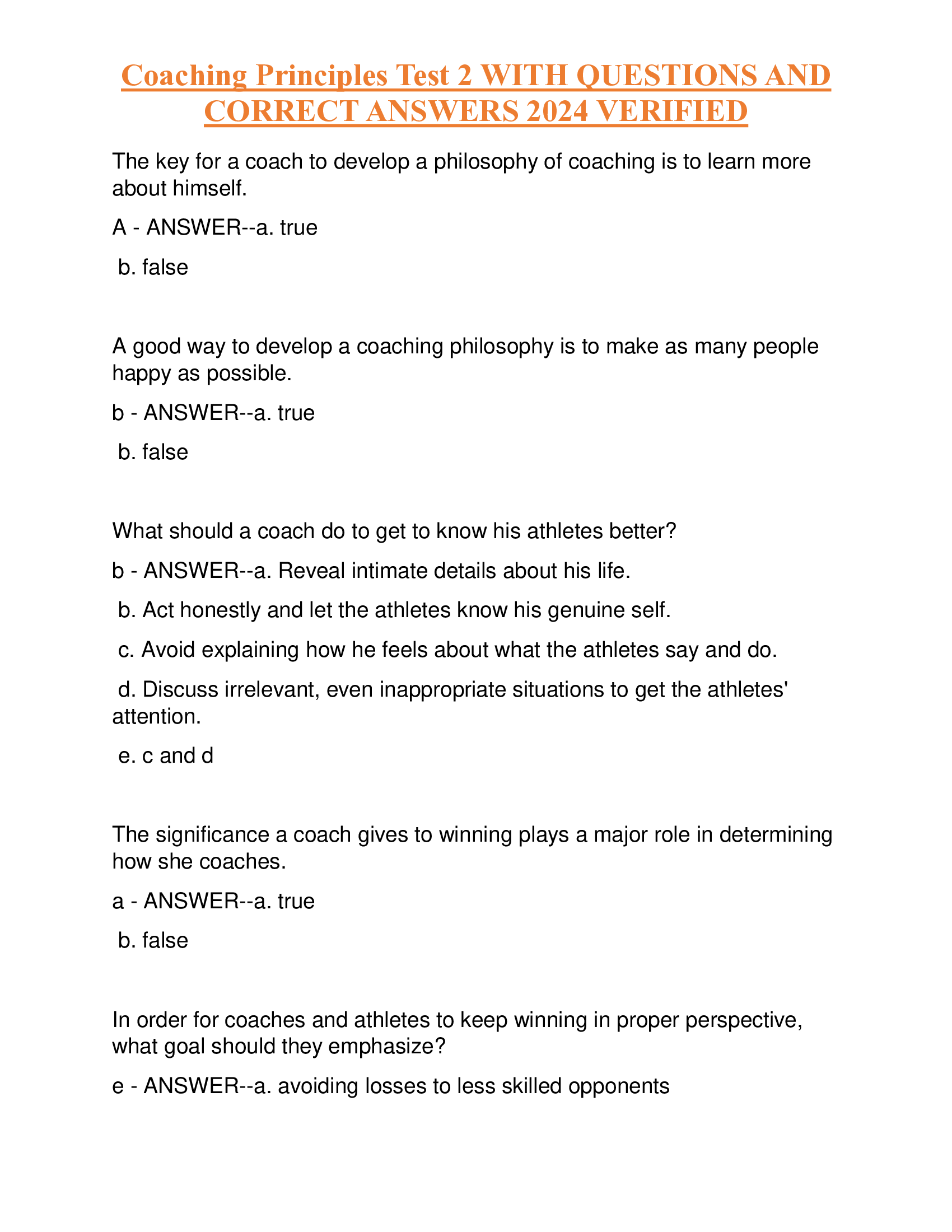 Coaching Principles Test 2 WITH QUESTIONS AND  CORRECT ANSWERS 2024 VERIFIED