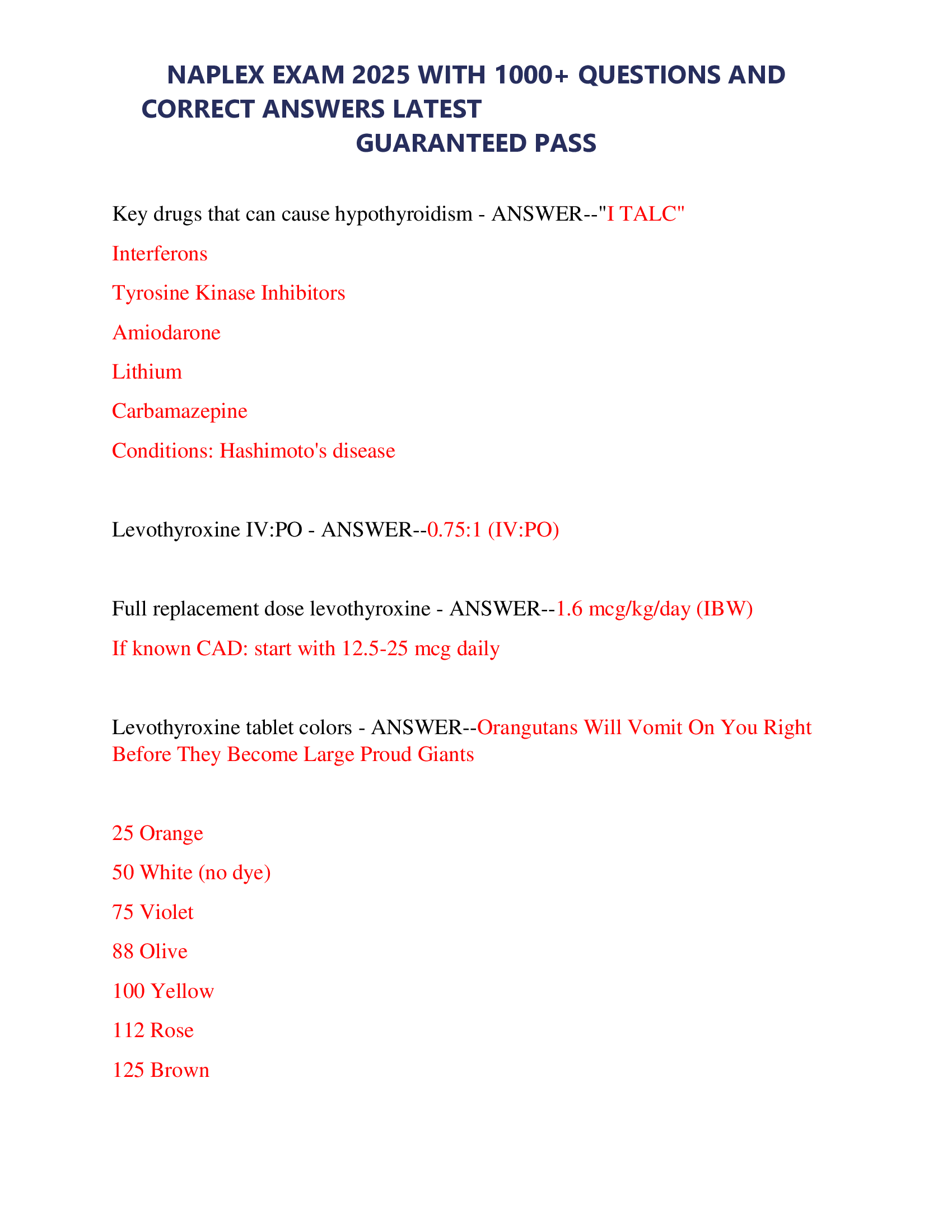 Naplex Exam 2025 with 1000+ Questions and Correct Answers Latest Upload 2025/2026 for a Guaranteed Pass