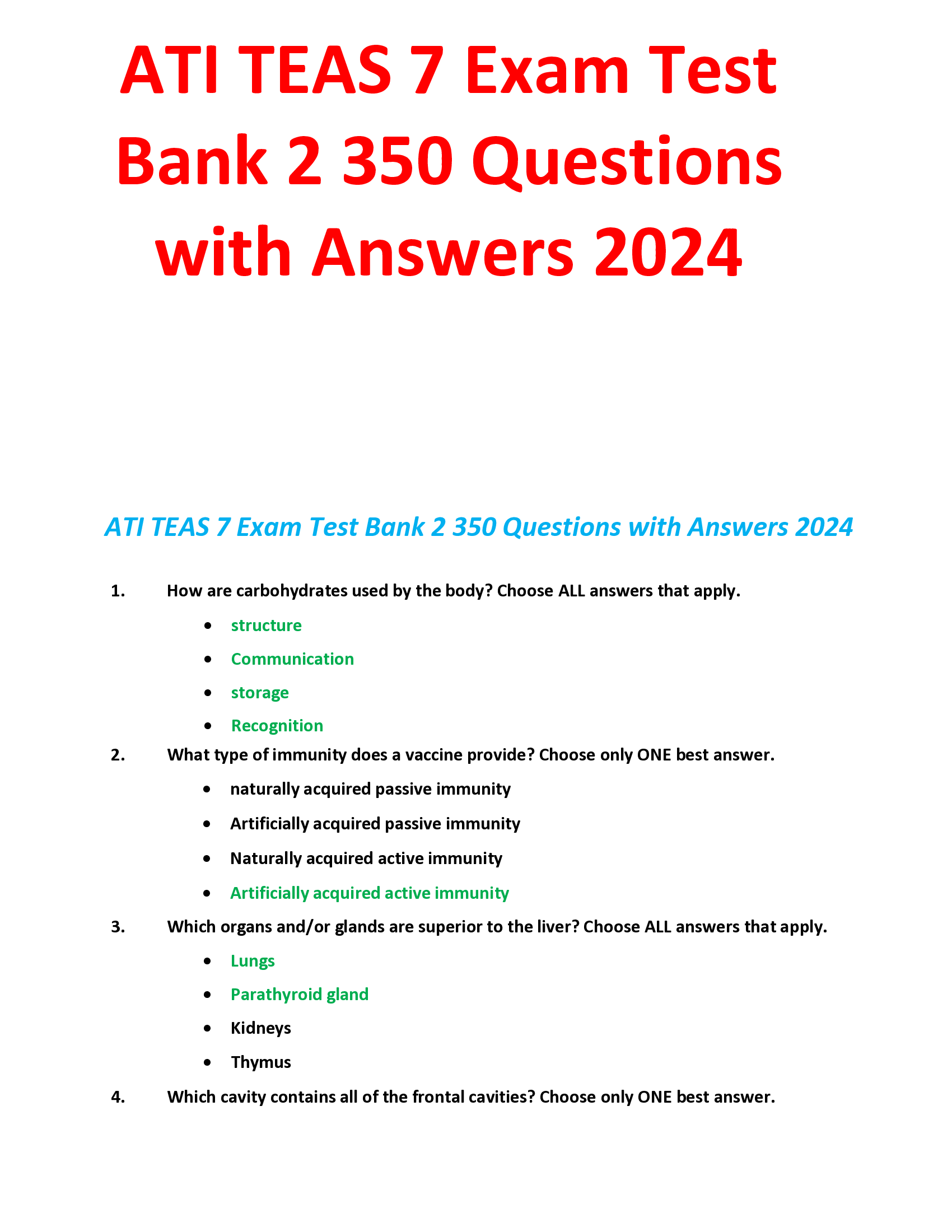 ATI TEAS 7 Exam Test Bank 2 350 Questions with Answers 2024