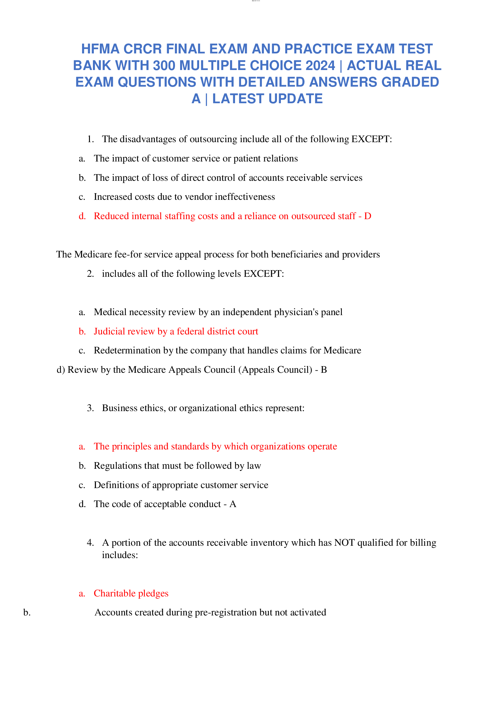 HFMA CRCR FINAL EXAM AND PRACTICE EXAM TEST BANK WITH 300 MULTIPLE CHOICE 2024 | ACTUAL REAL EXAM QUESTIONS WITH DETAILED ANSWERS GRADED  A | LATEST UPDATE