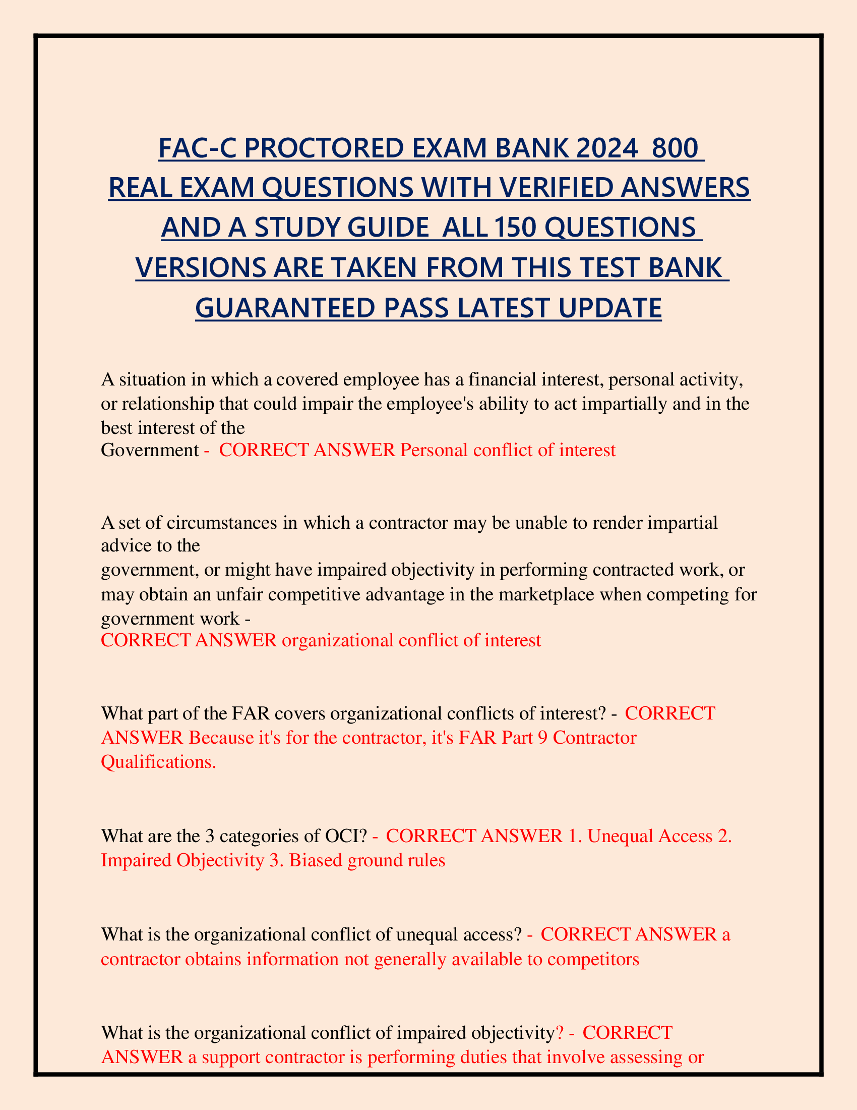 FAC-C Proctored Exam Bank 800 Real Exam Questions With Verified Answers  And A Study Guide  All 150 Questions  Versions Are Taken From This Test Bank  Guaranteed Pass Latest Update 2026