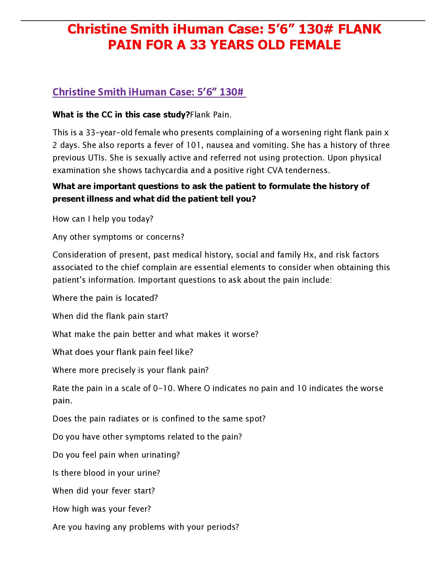 Christine Smith iHuman Case: 5’6 130 FLANK  PAIN FOR A 33 YEARS OLD FEMALE