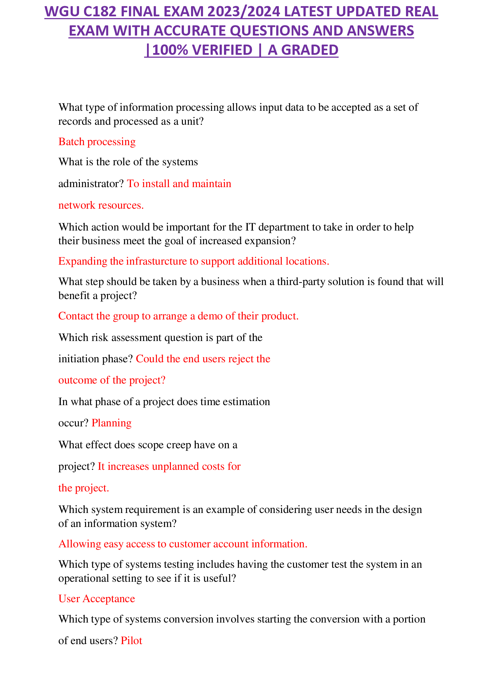 WGU C182 FINAL EXAM 2023, 2024 LATEST UPDATED REAL EXAM WITH ACCURATE QUESTIONS AND ANSWERS |100% VERIFIED | A GRADED