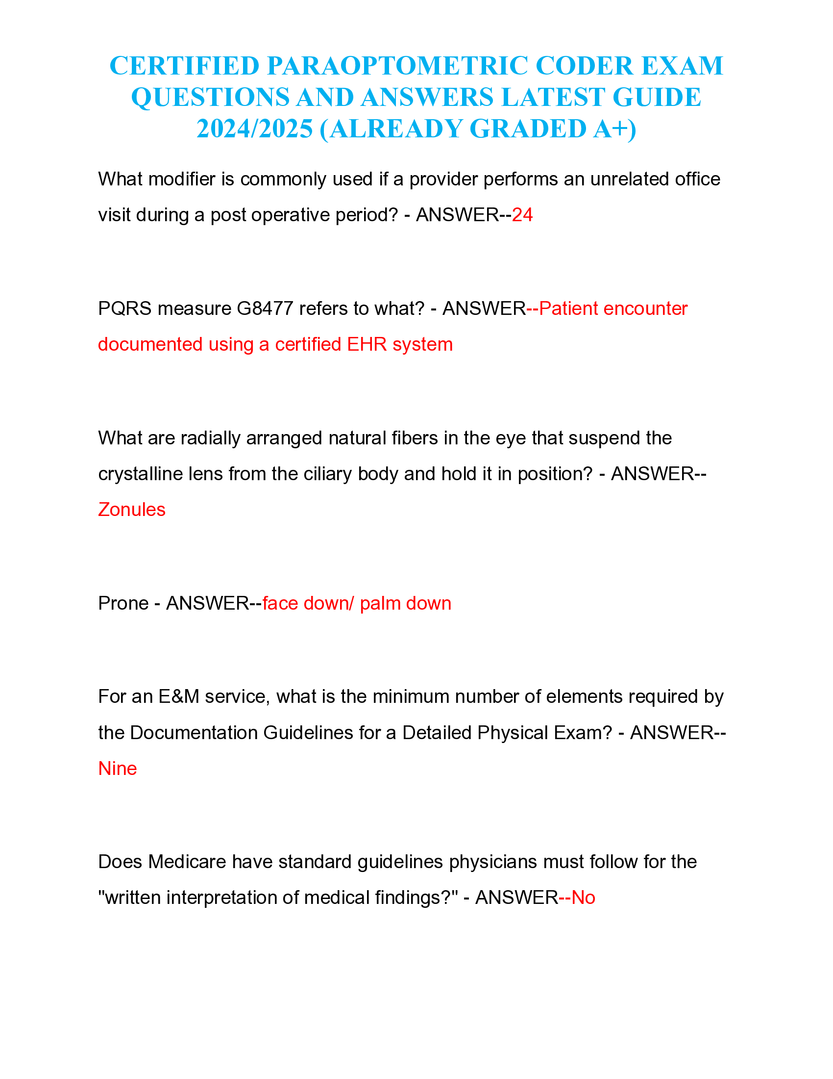 CERTIFIED PARAOPTOMETRIC CODER EXAM  QUESTIONS AND ANSWERS LATEST GUIDE  2024 | 2026 (ALREADY GRADED A+)