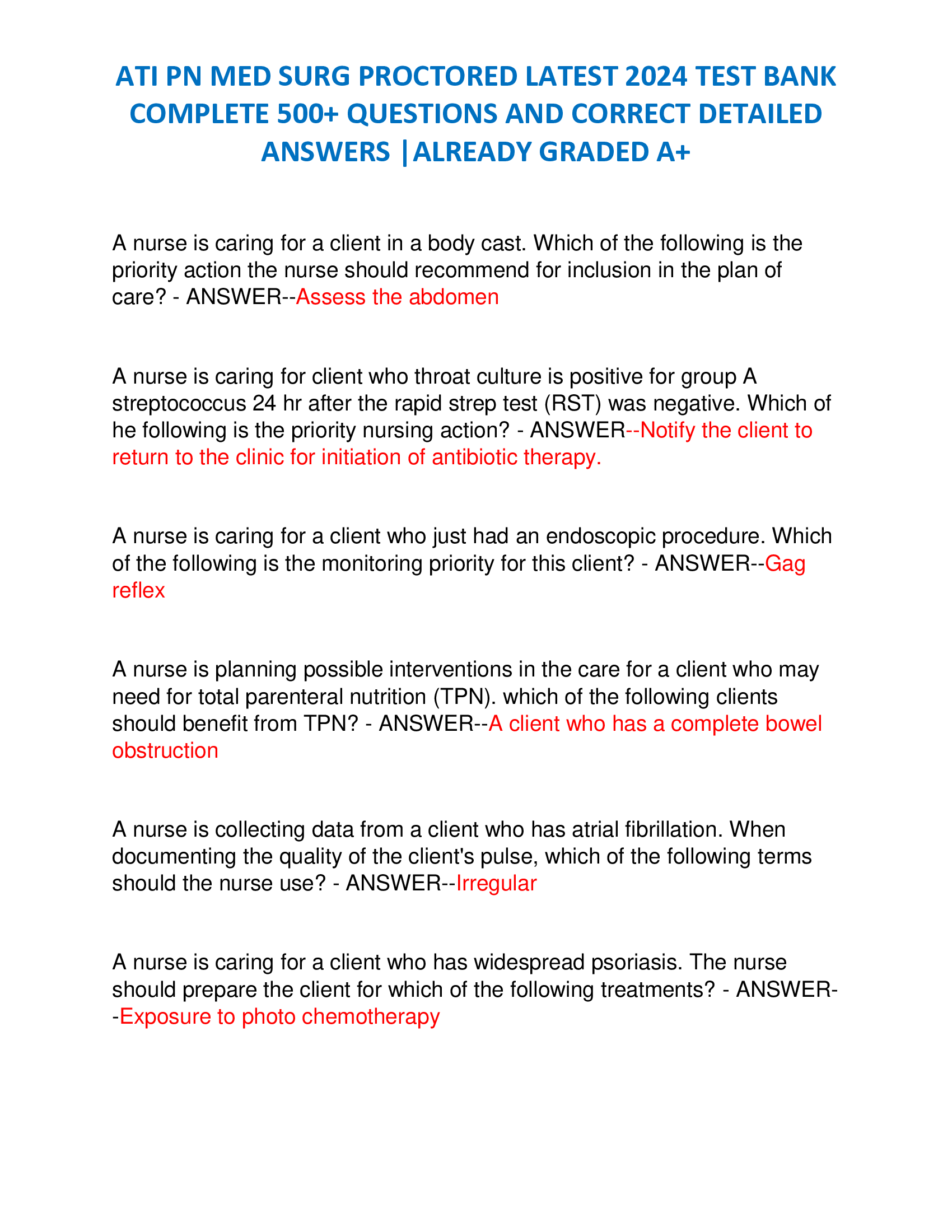 ATI PN MED SURG PROCTORED LATEST 2024 TEST BANK  COMPLETE 500+ QUESTIONS AND CORRECT DETAILED  ANSWERS |ALREADY GRADED A+