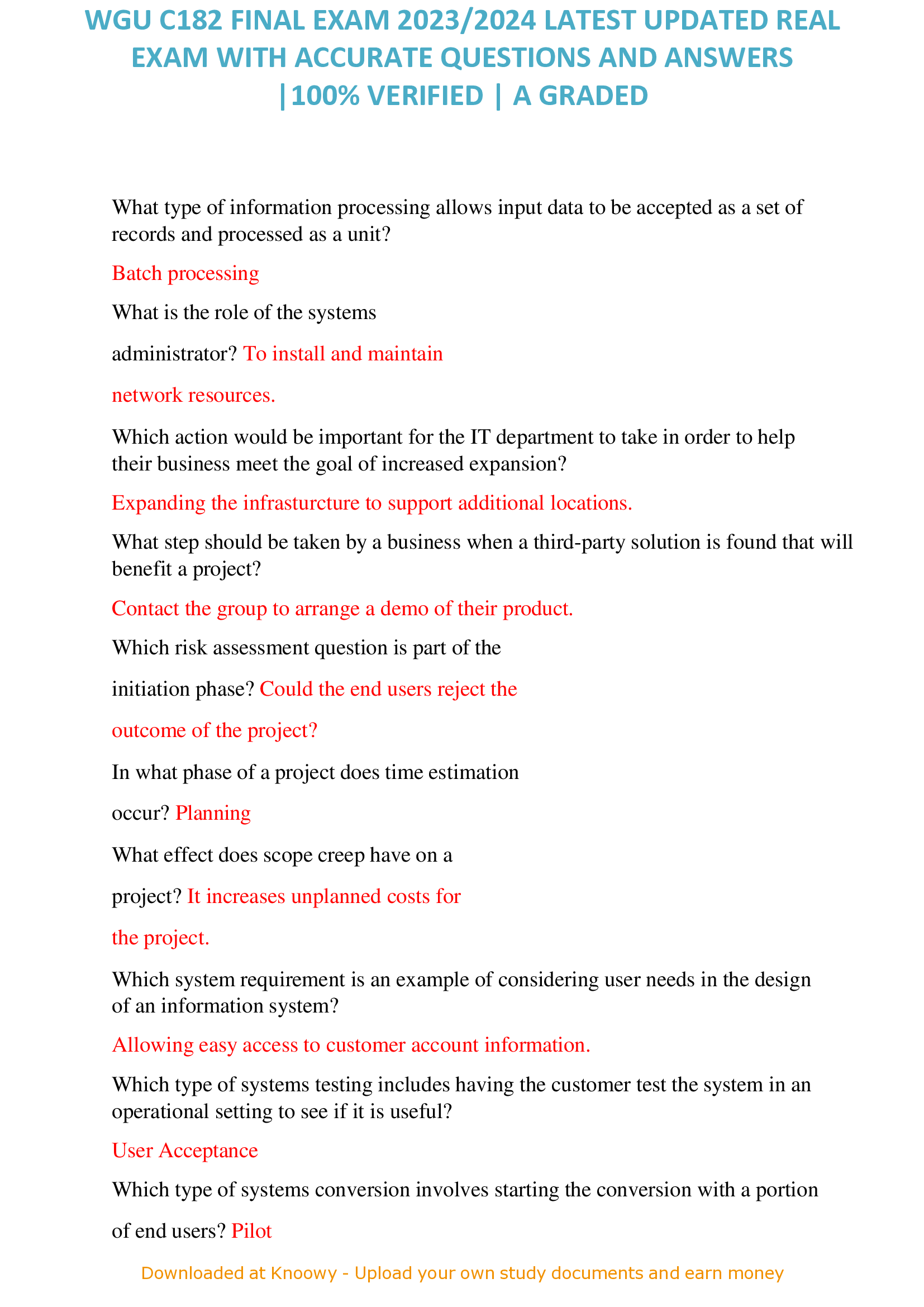 WGU C182 FINAL EXAM 2023, 2024 LATEST UPDATED REAL  EXAM WITH ACCURATE QUESTIONS AND ANSWERS |100% VERIFIED | A GRADED