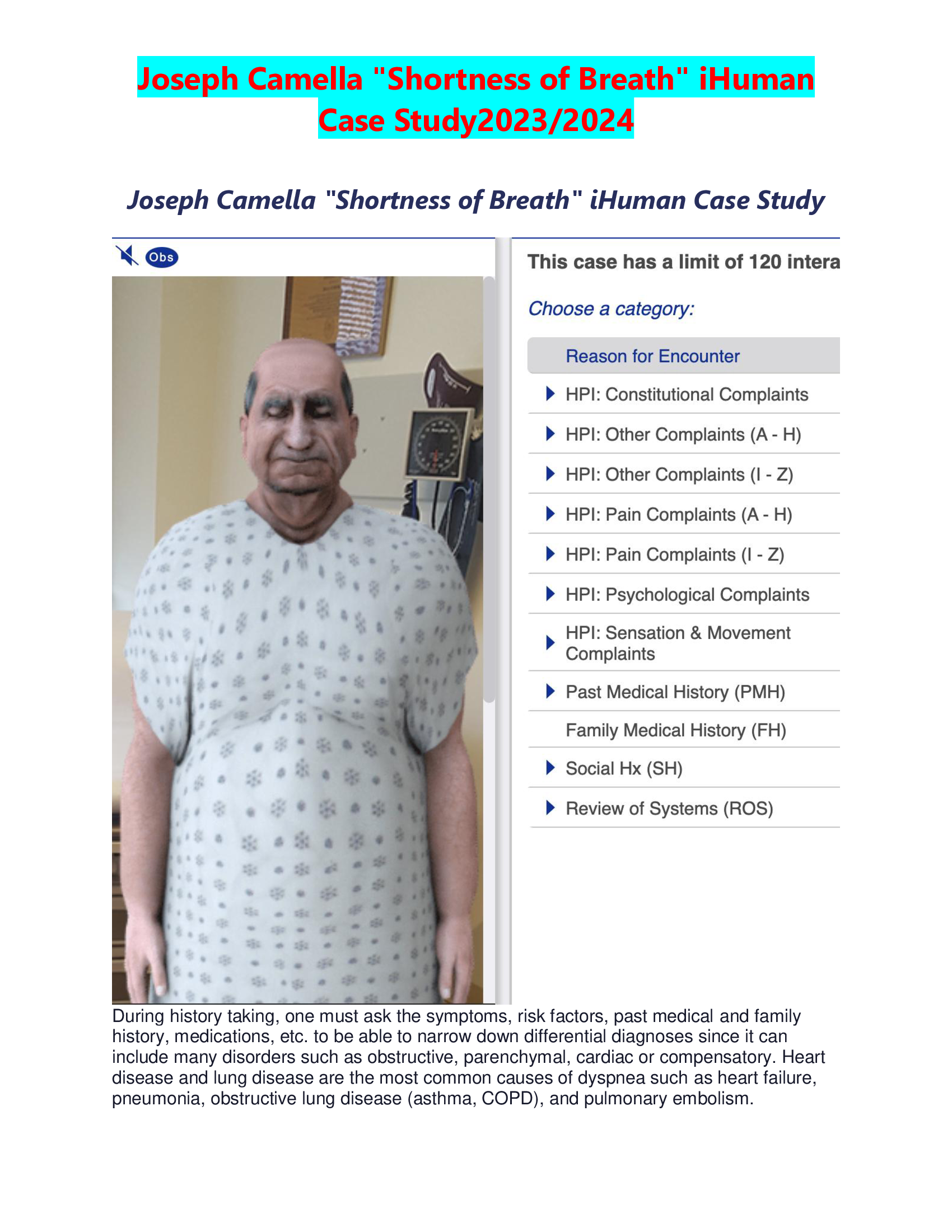 Joseph Camella Shortness of Breath iHuman  Case Study2023, 2024