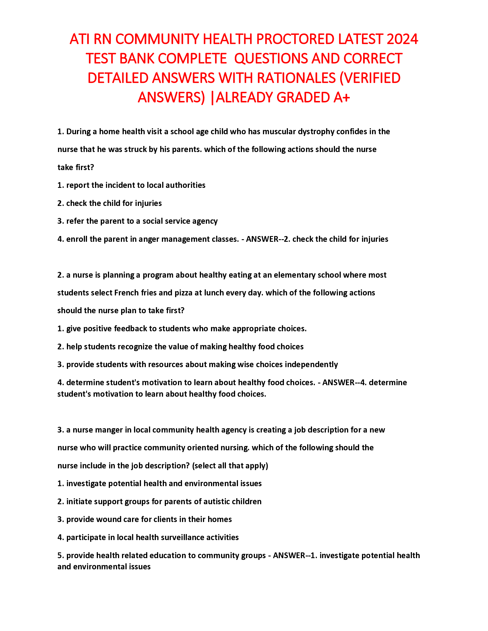 ATI RN COMMUNITY HEALTH PROCTORED LATEST 2024  TEST BANK COMPLETE QUESTIONS AND CORRECT  DETAILED ANSWERS WITH RATIONALES (VERIFIED  ANSWERS) |ALREADY GRADED A+