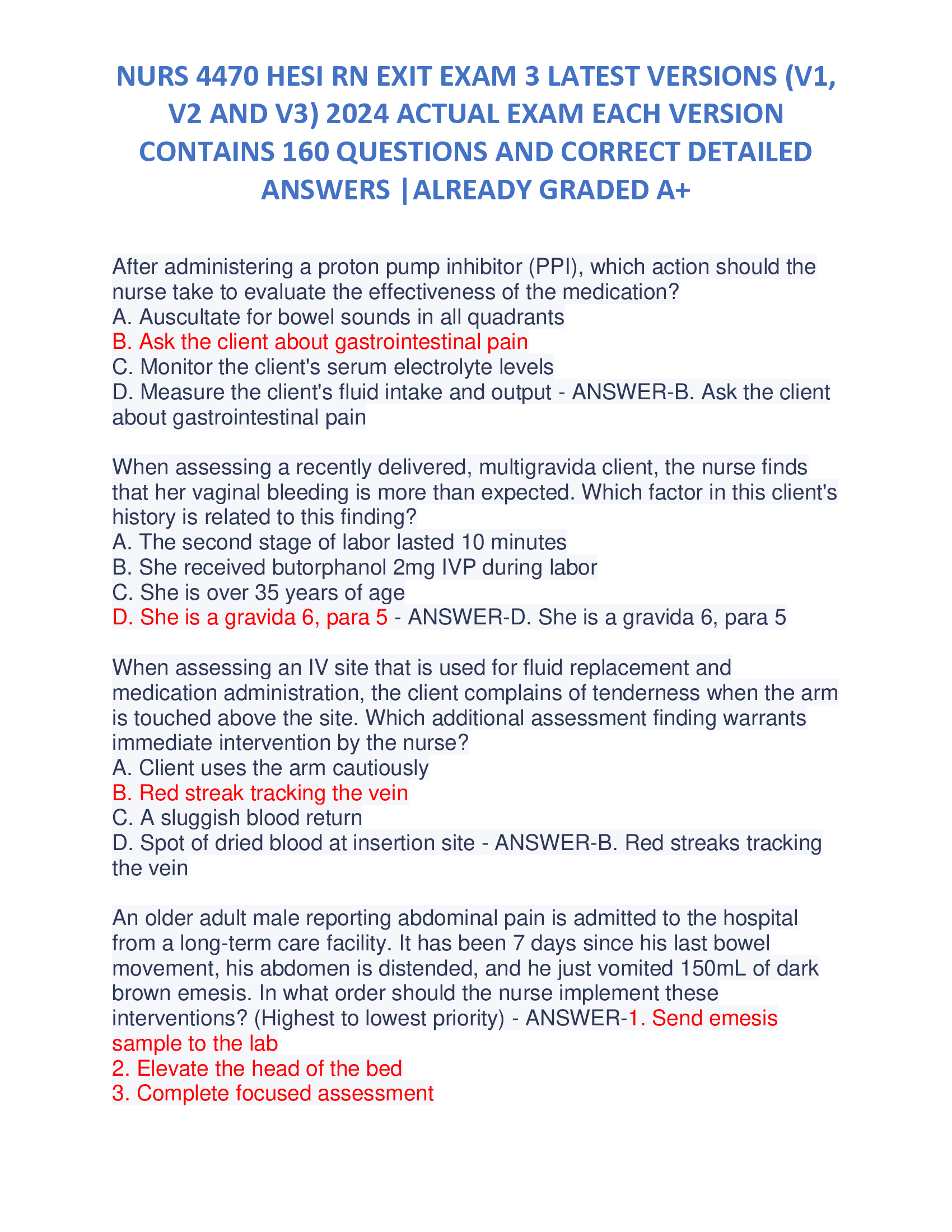 NURS 4470 HESI RN EXIT EXAM 3 LATEST VERSIONS (V1,  V2 AND V3) 2024 ACTUAL EXAM EACH VERSION  CONTAINS 160 QUESTIONS AND CORRECT DETAILED  ANSWERS |ALREADY GRADED A+