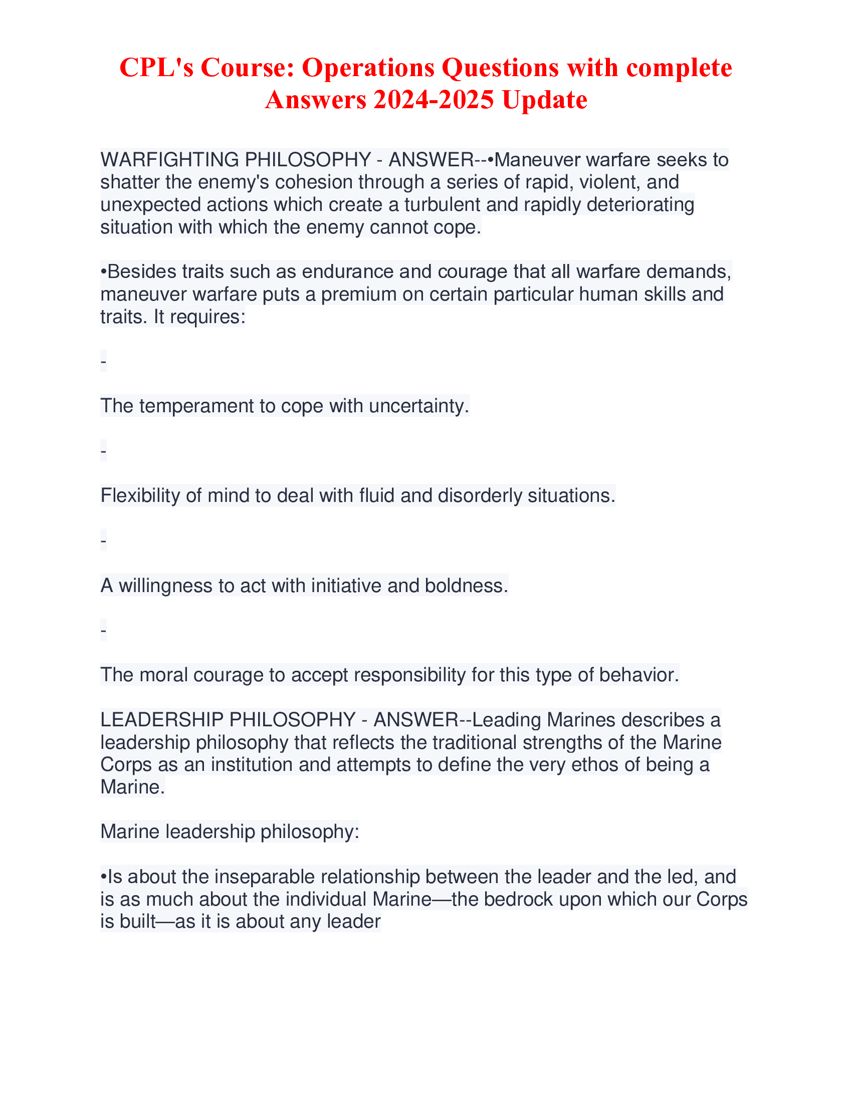 CPL's Course: Operations Questions with complete Answers 2024-2026 Update