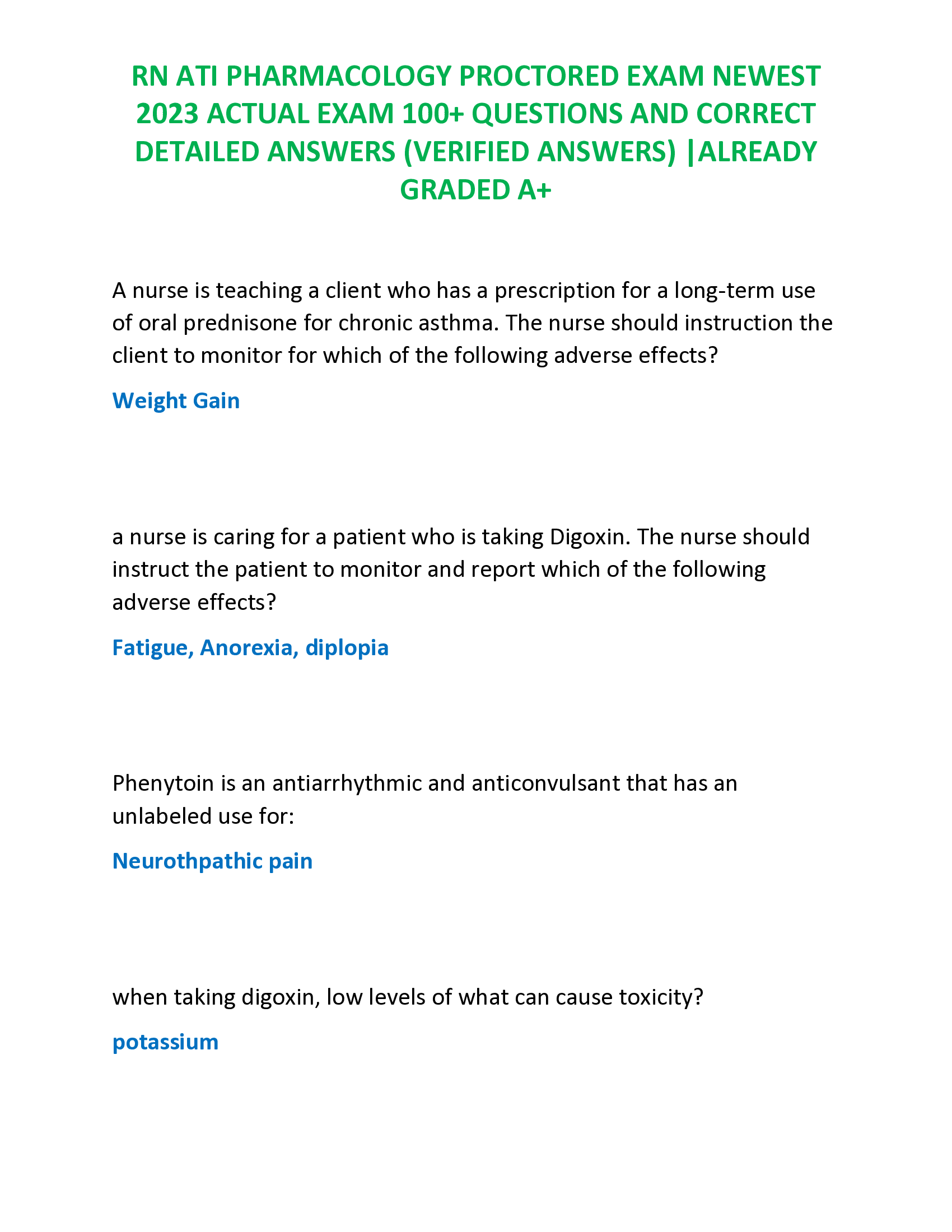 RN ATI PHARMACOLOGY PROCTORED EXAM NEWEST  2023 ACTUAL EXAM 100+ QUESTIONS AND CORRECT  DETAILED ANSWERS (VERIFIED ANSWERS) |ALREADY  GRADED A+