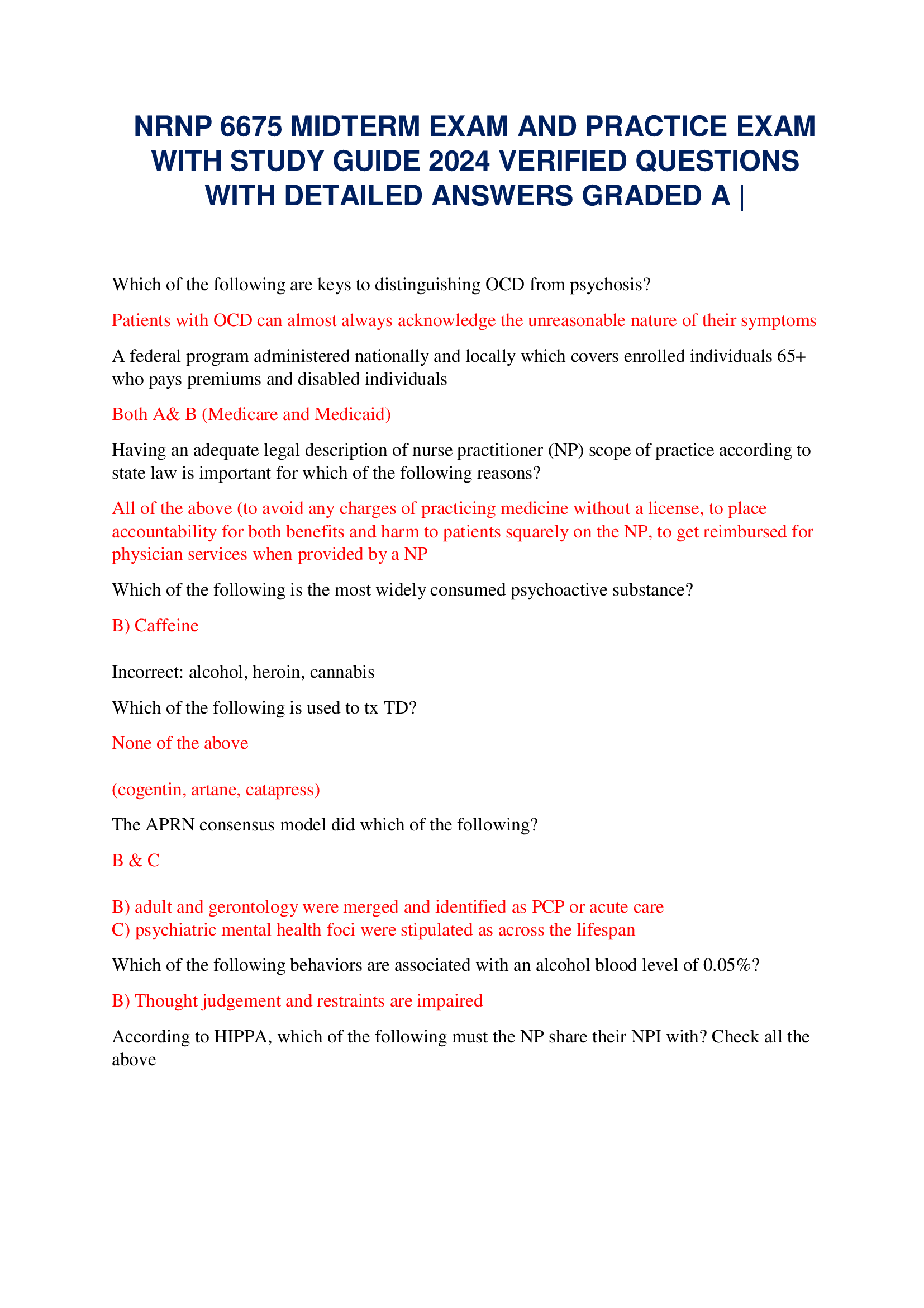 NRNP 6675 MIDTERM EXAM AND PRACTICE EXAM WITH STUDY GUIDE 2024 VERIFIED QUESTIONS  WITH DETAILED ANSWERS GRADED A |